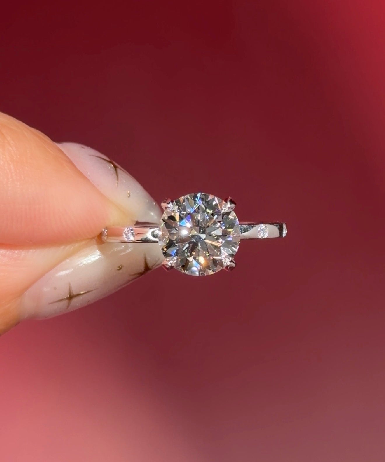 round lab diamond white gold spaced diamond inlay engagement ring