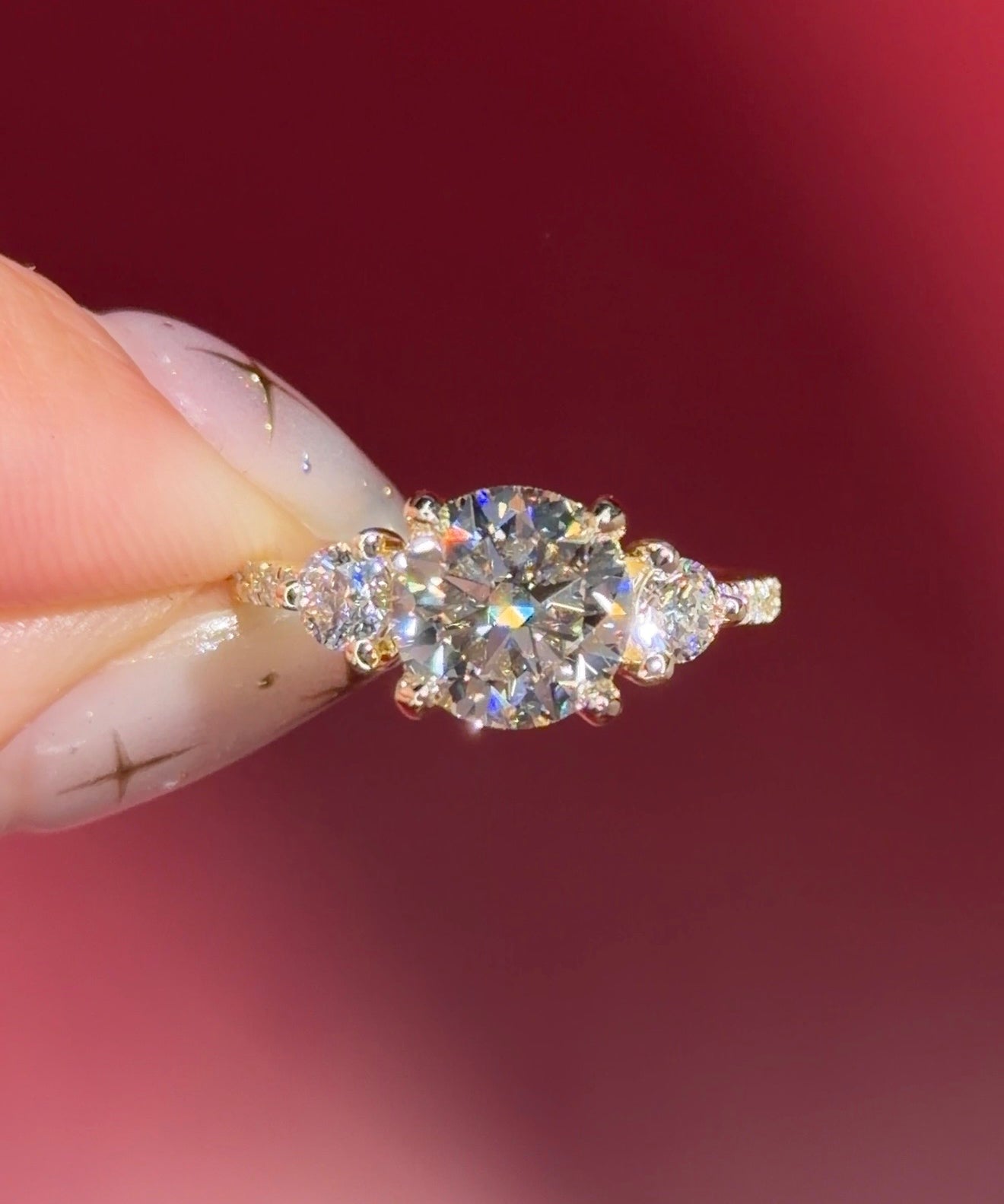 round lab diamond pave yellow gold engagement ring side stones trio