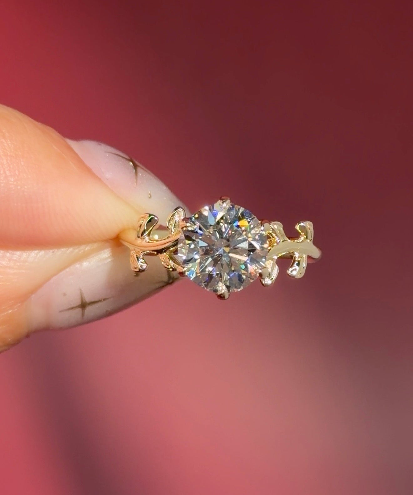 round lab diamond yellow gold engagement ring seaweed leaf nature inspired