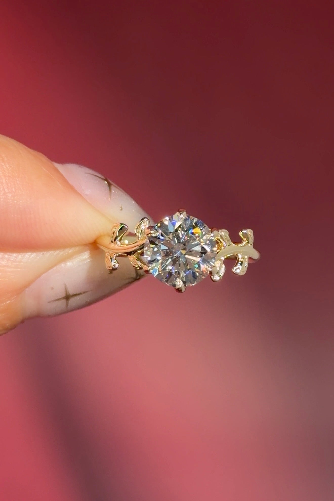 round lab diamond yellow gold engagement ring seaweed leaf nature inspired