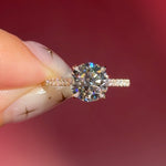 round lab diamond yellow gold engagement ring pavé with cathedral and diamond bridge and diamond prongs