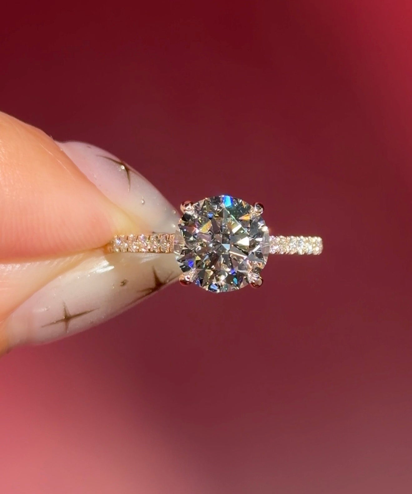 round lab diamond yellow gold engagement ring pavé with cathedral and diamond bridge and diamond prongs