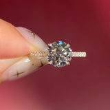 round lab diamond yellow gold engagement ring pavé with cathedral and diamond bridge and diamond prongs