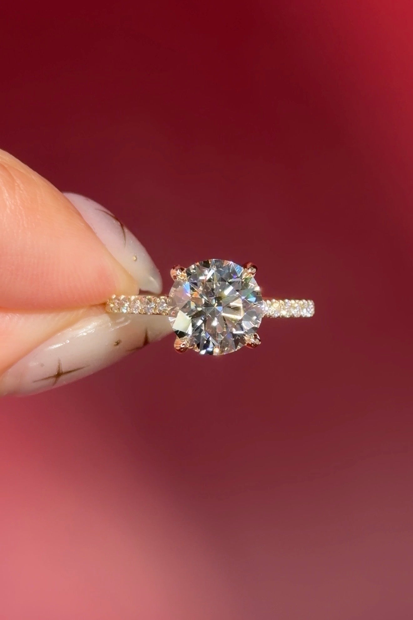 round lab diamond engagement ring yellow gold pavé diamonds with hidden halo