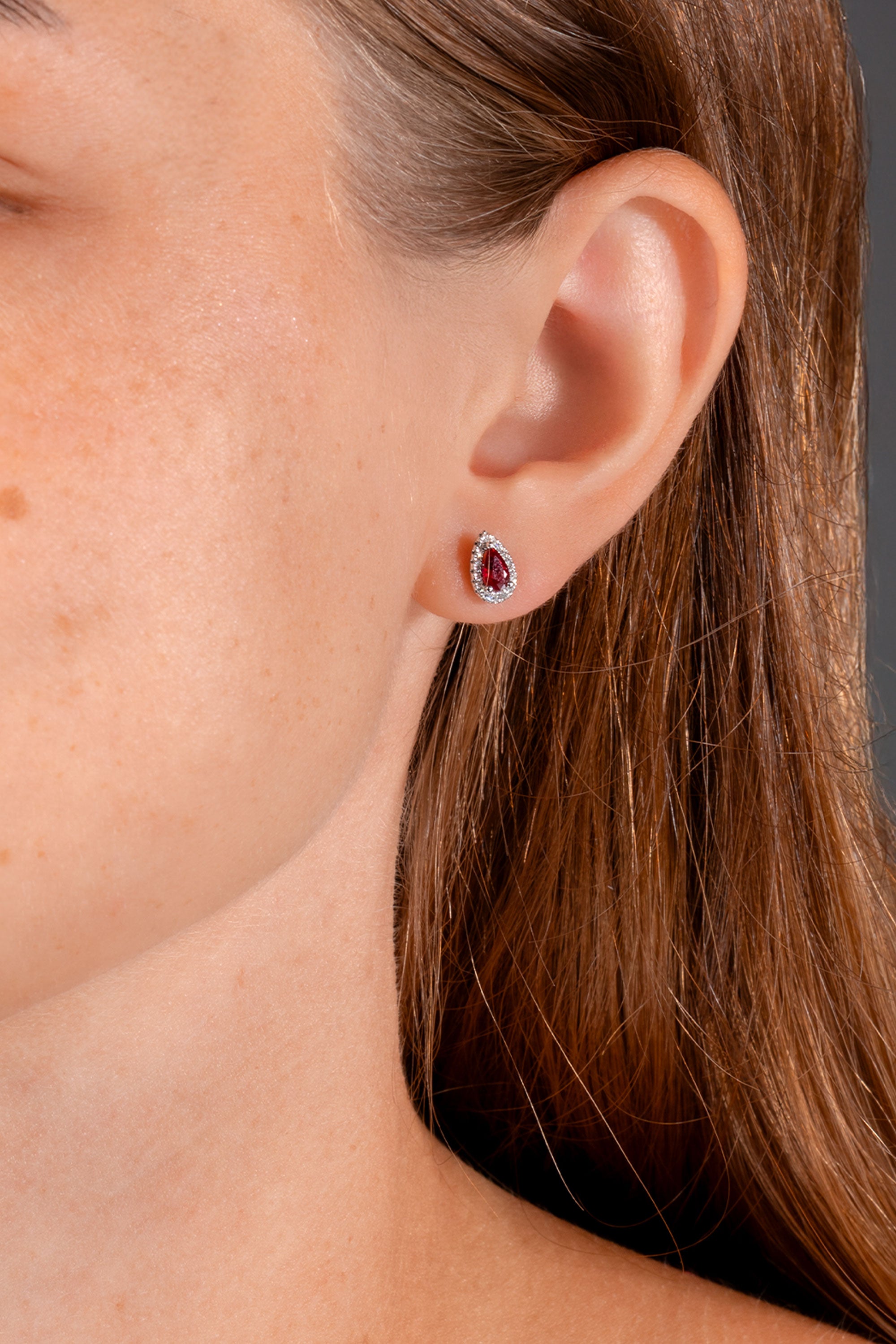 Ruby & Diamond Pear Halo Studs
