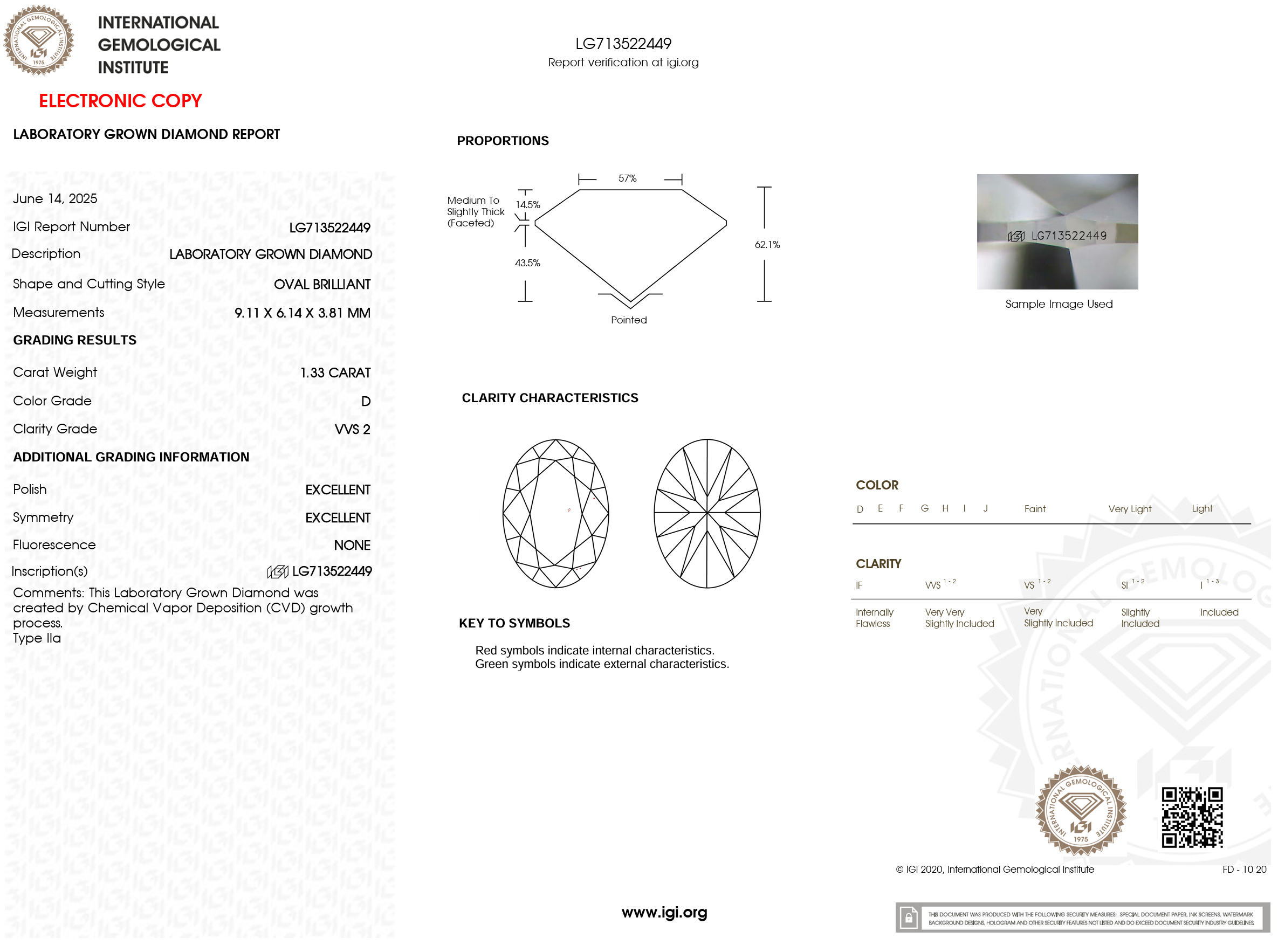 1.33 Carat D-VVS2 Oval Lab Grown Diamond - IGI (#120423)