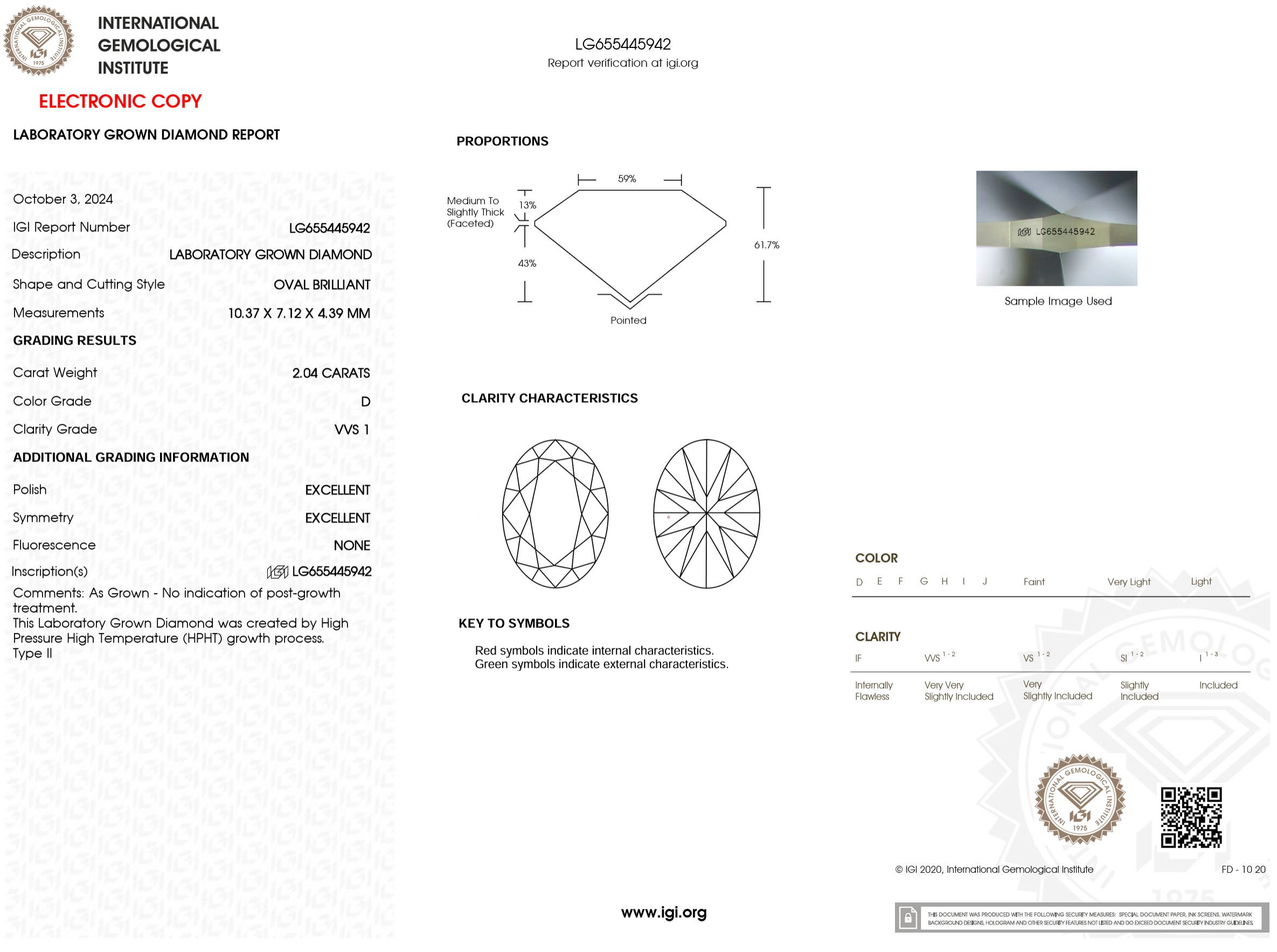2.04 Carat D-VVS1 Oval Lab Grown Diamond - IGI (#120392)