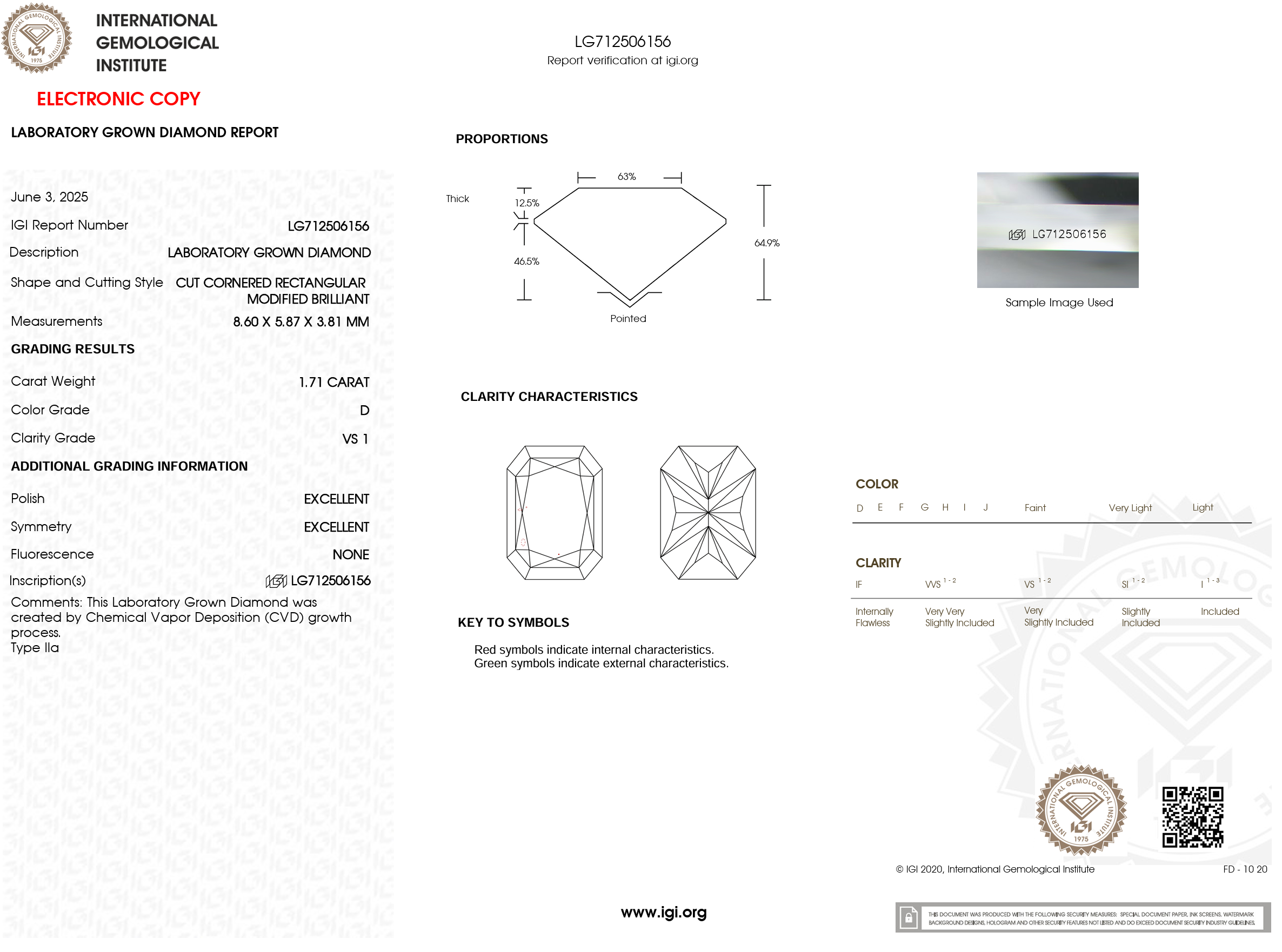 1.71 Carat D-VS1 Radiant Lab Grown Diamond - IGI (#120432)
