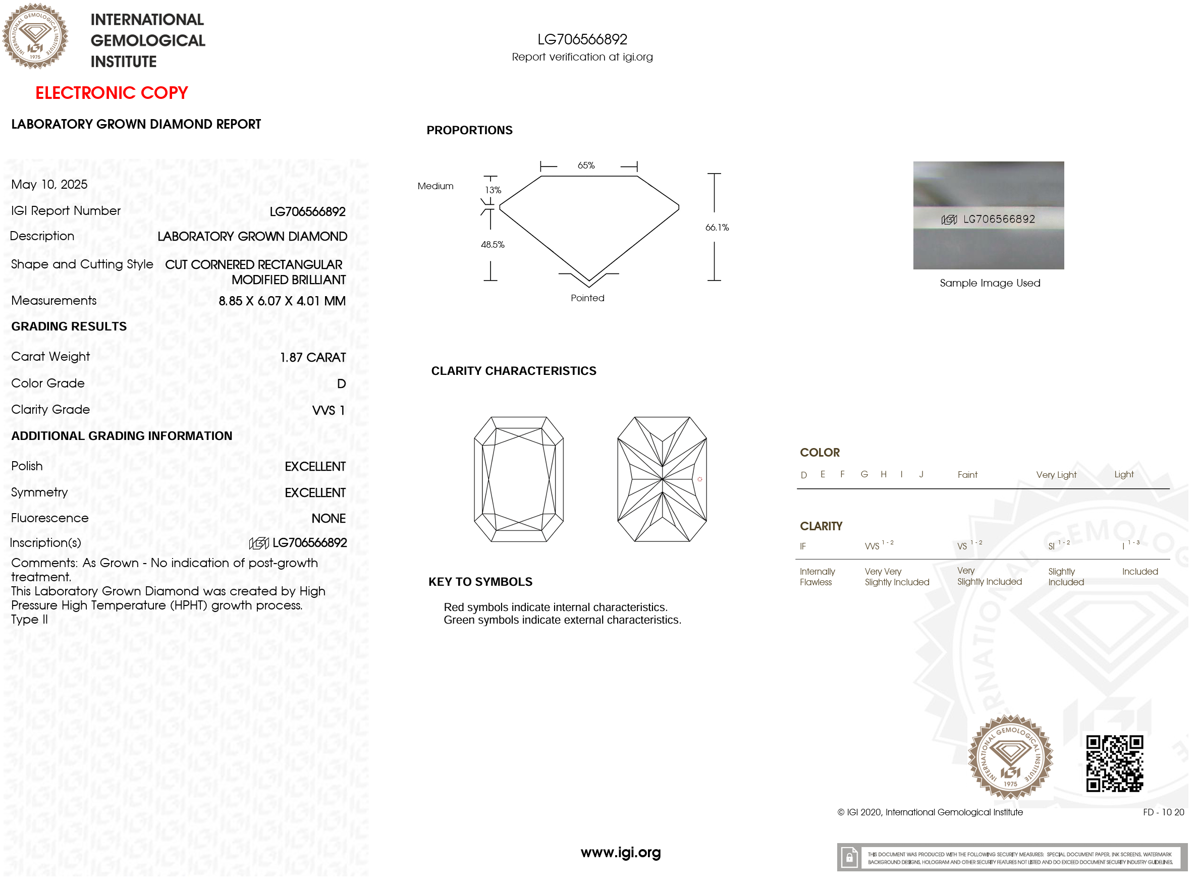 1.87 Carat D-VVS1 Radiant Lab Grown Diamond - IGI (#120393)