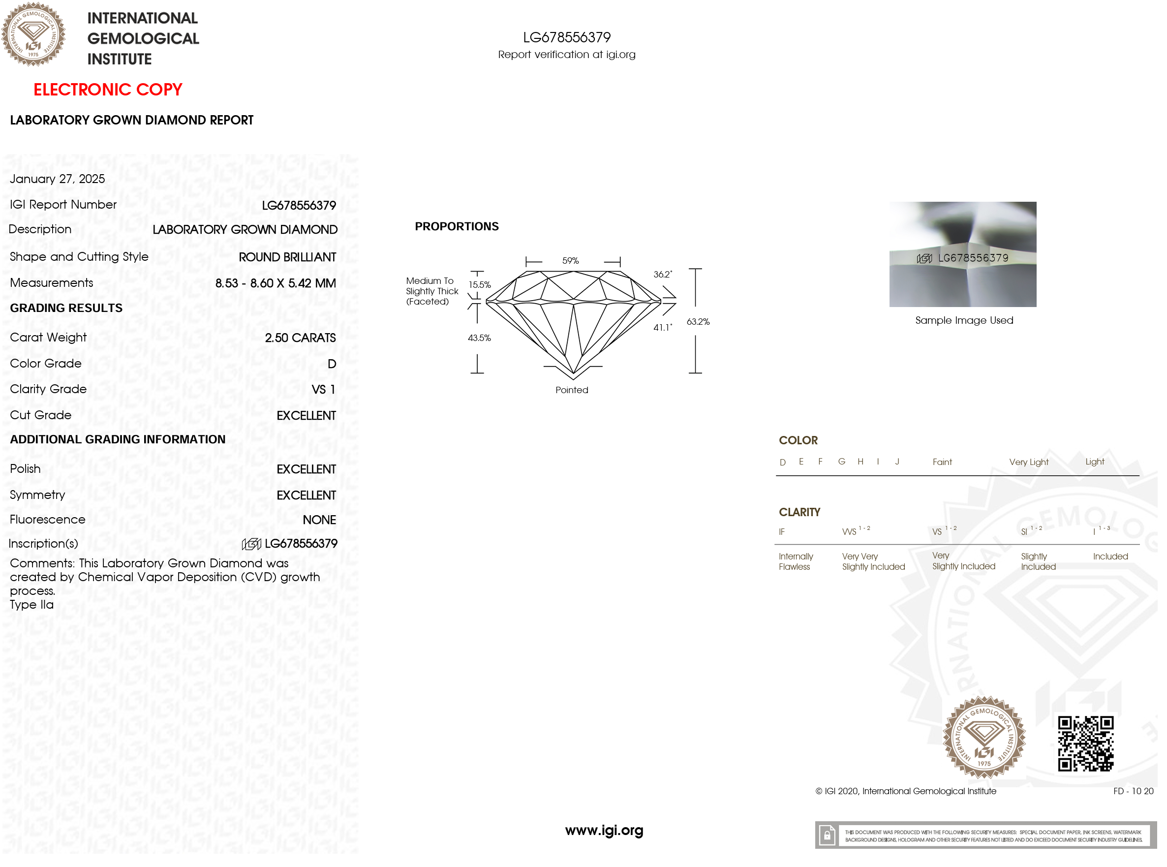 2.50 Carat D-VS1 Round Lab Grown Diamond - IGI (#120416)