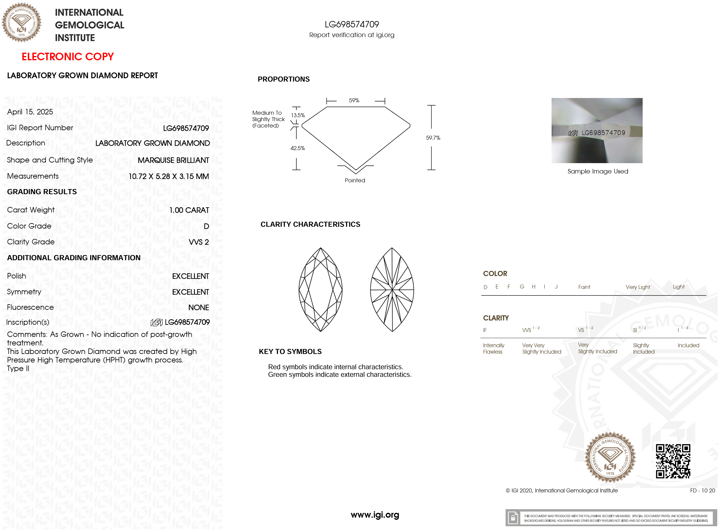 1.00 Carat D-VVS2 Marquise Lab Grown Diamond - IGI (#120534)