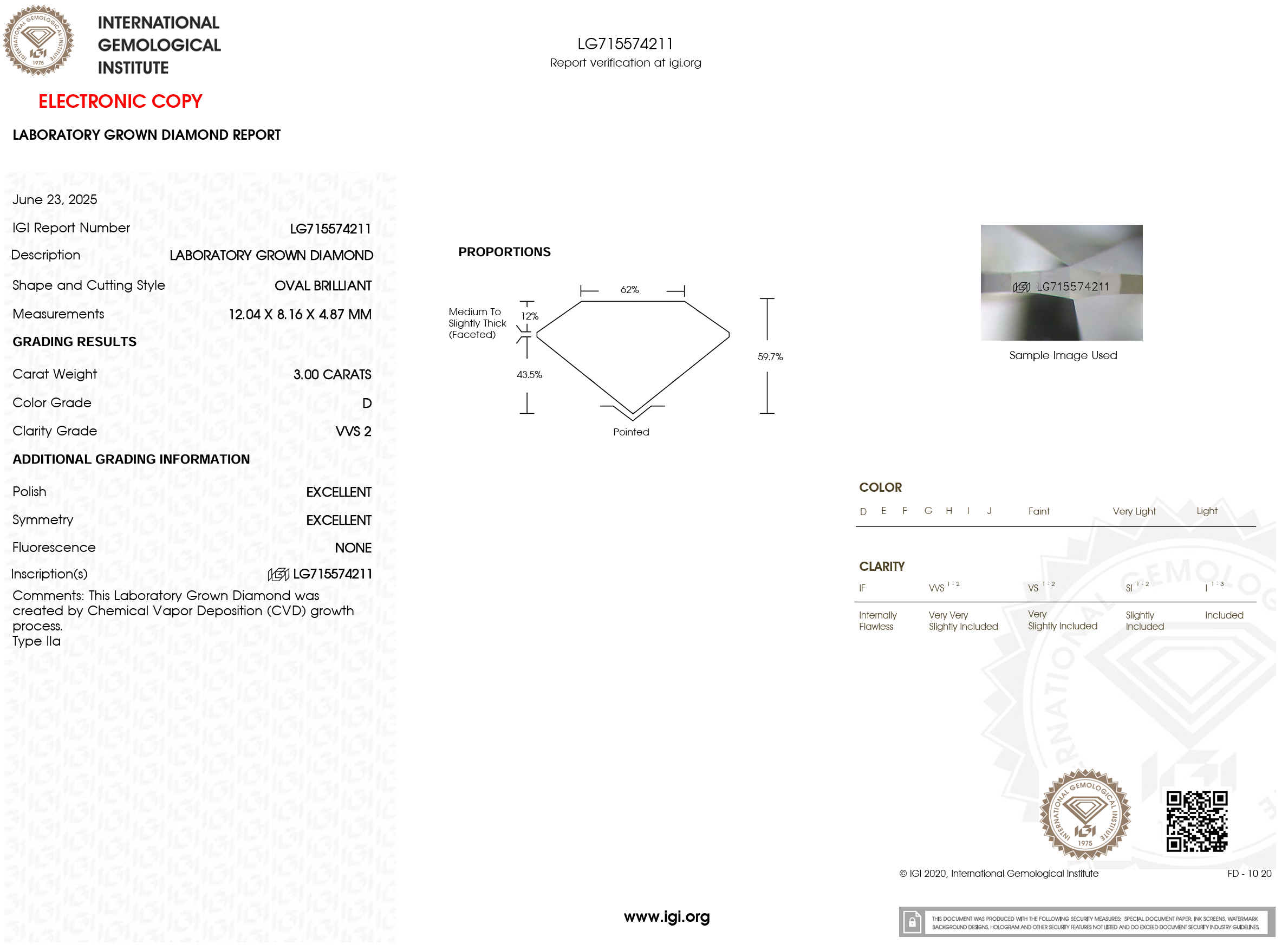 3.00 Carat D-VVS2 Oval Lab Grown Diamond - IGI (#120735)