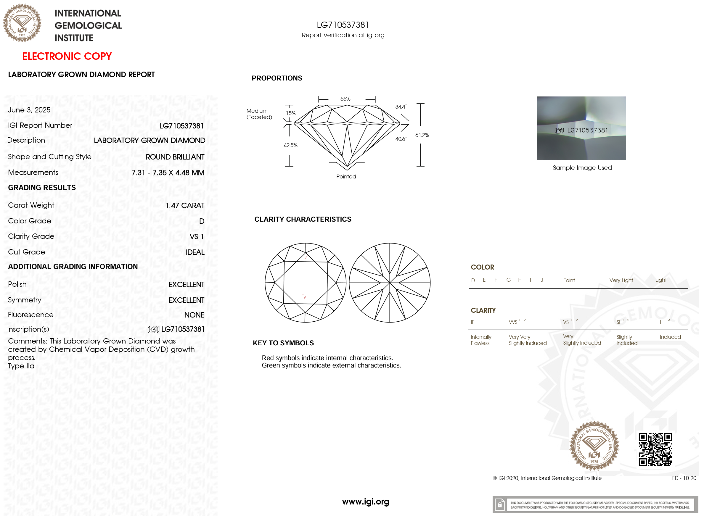 1.47 Carat D-VS1 Round Lab Grown Diamond - IGI (#120747)