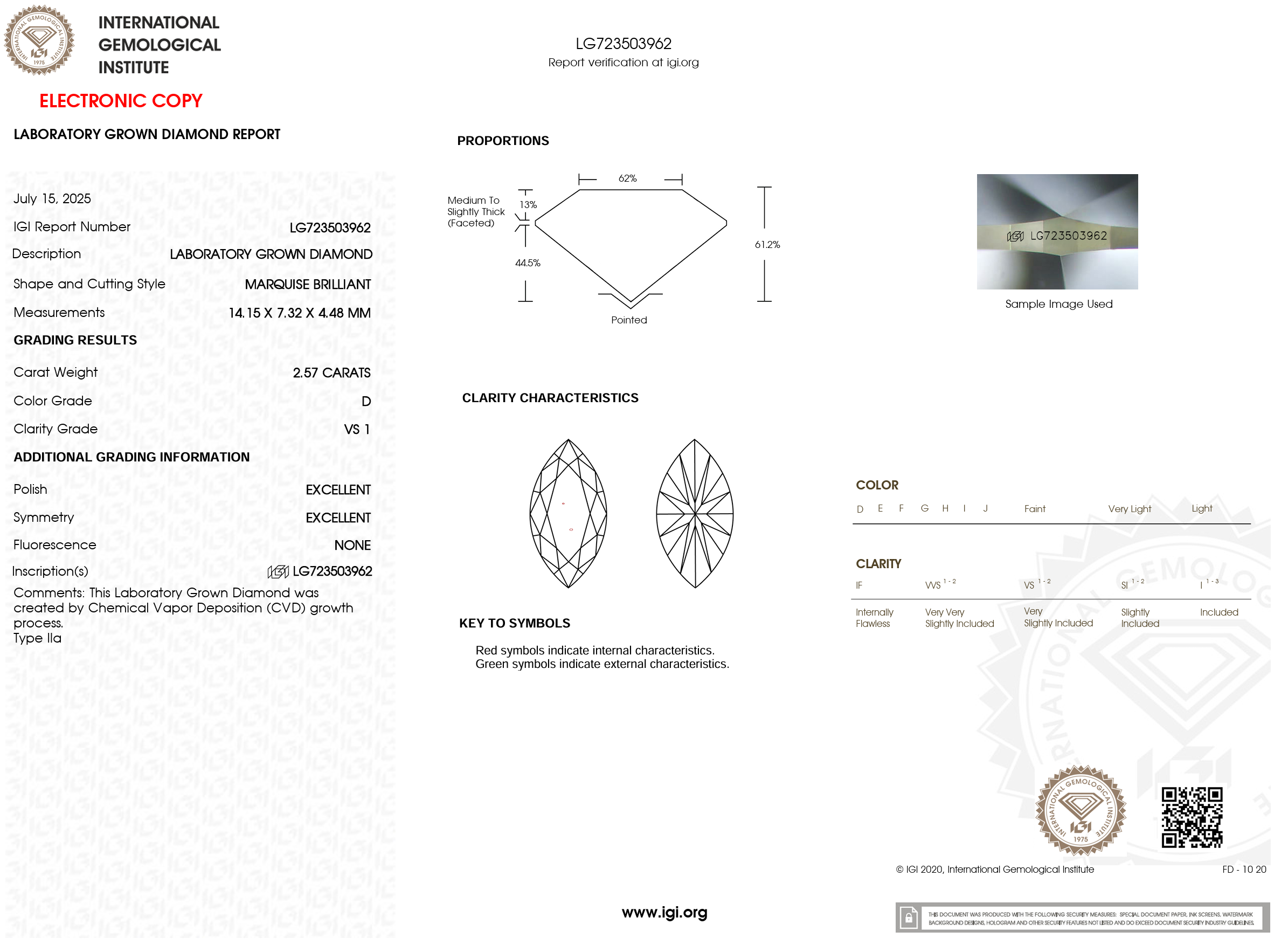 2.57 Carat D-VS1 Marquise Lab Grown Diamond - IGI (#120878)