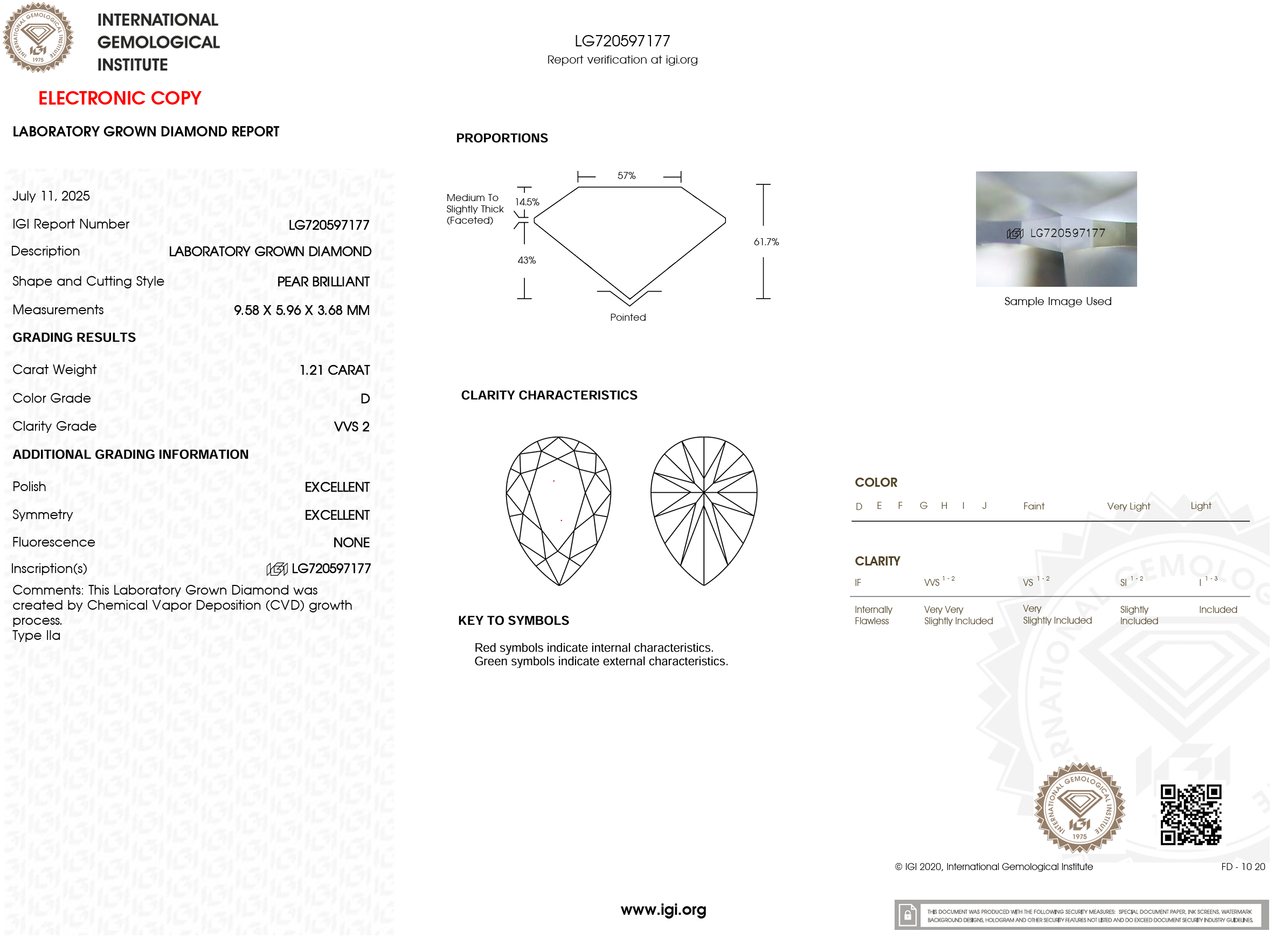 1.21 Carat D-VVS2 Pear Lab Grown Diamond - IGI (#120879)