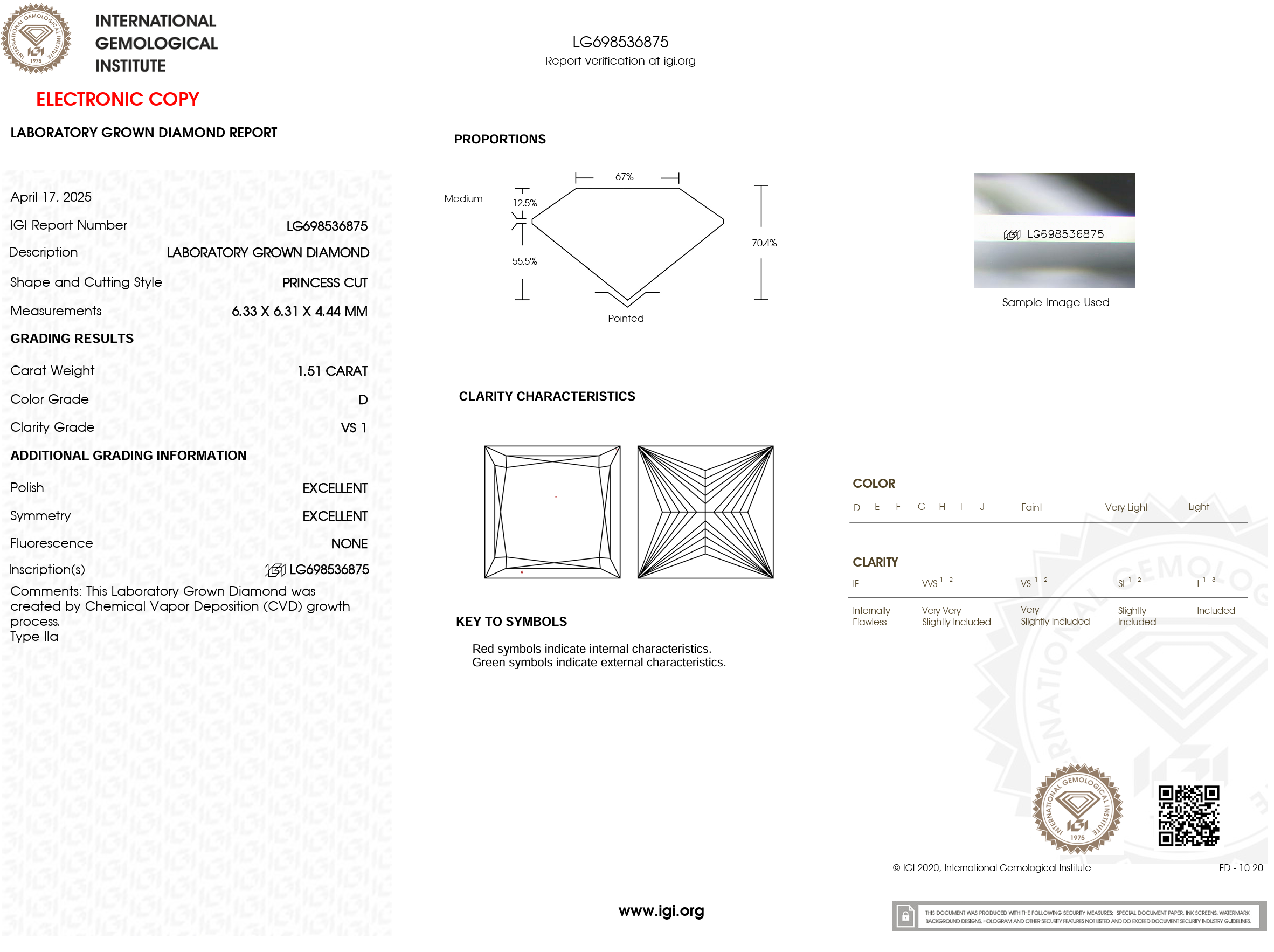1.51 Carat D-VS1 Princess Lab Grown Diamond - IGI (#120884)