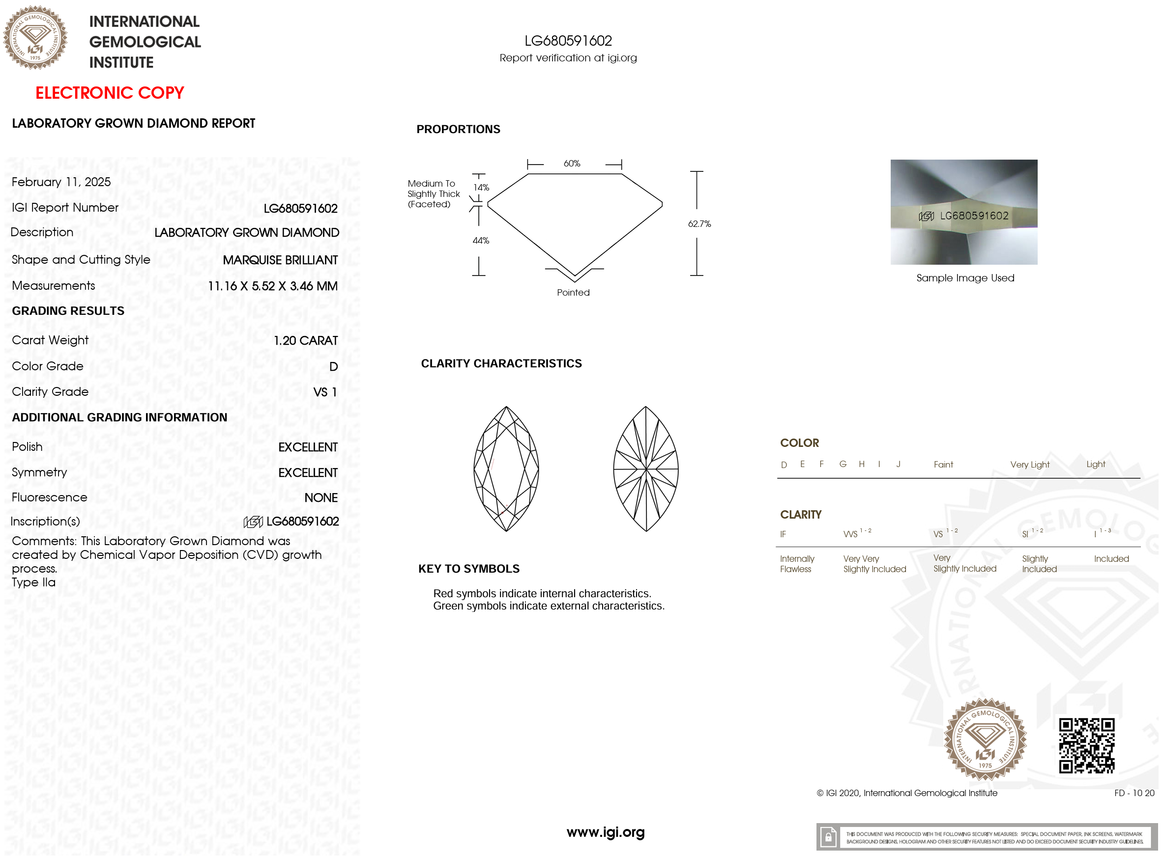 1.20 Carat D-VS1 Marquise Lab Grown Diamond - IGI (#53591)