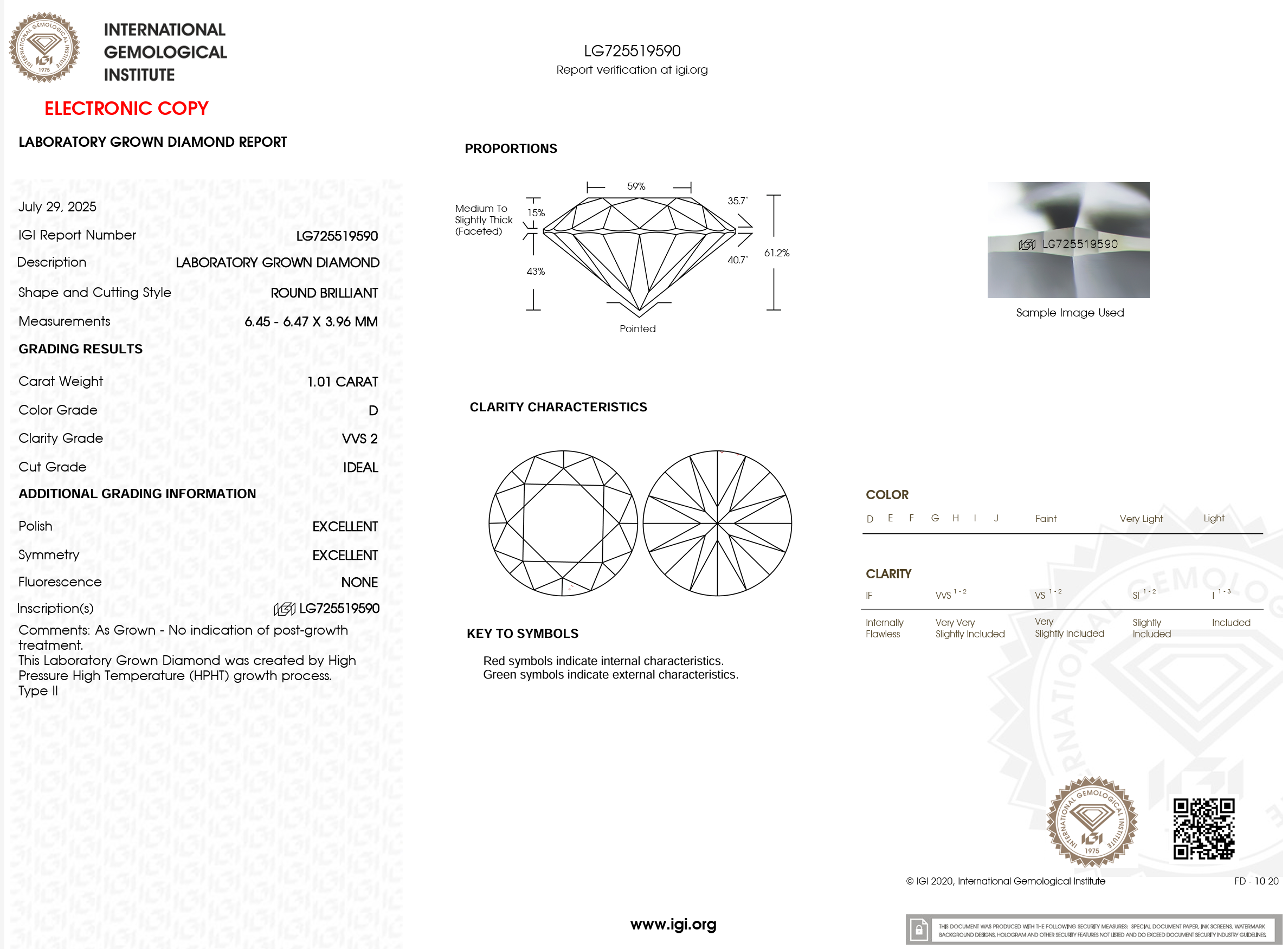 1.01 Carat D-VVS2 Round Lab Grown Diamond - IGI (#121011)