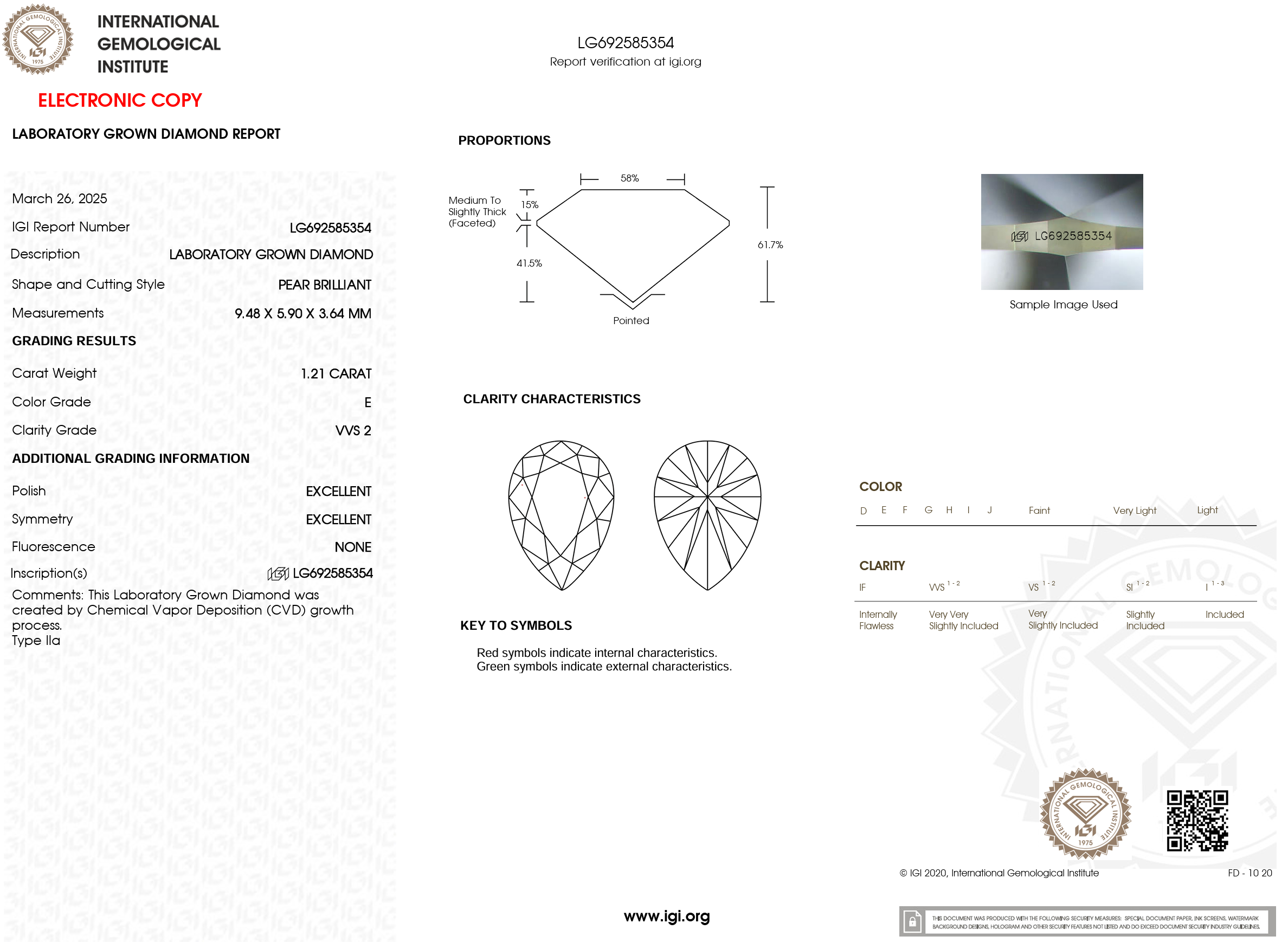 1.21 Carat E-VVS2 Pear Lab Grown Diamond - IGI (#120977)