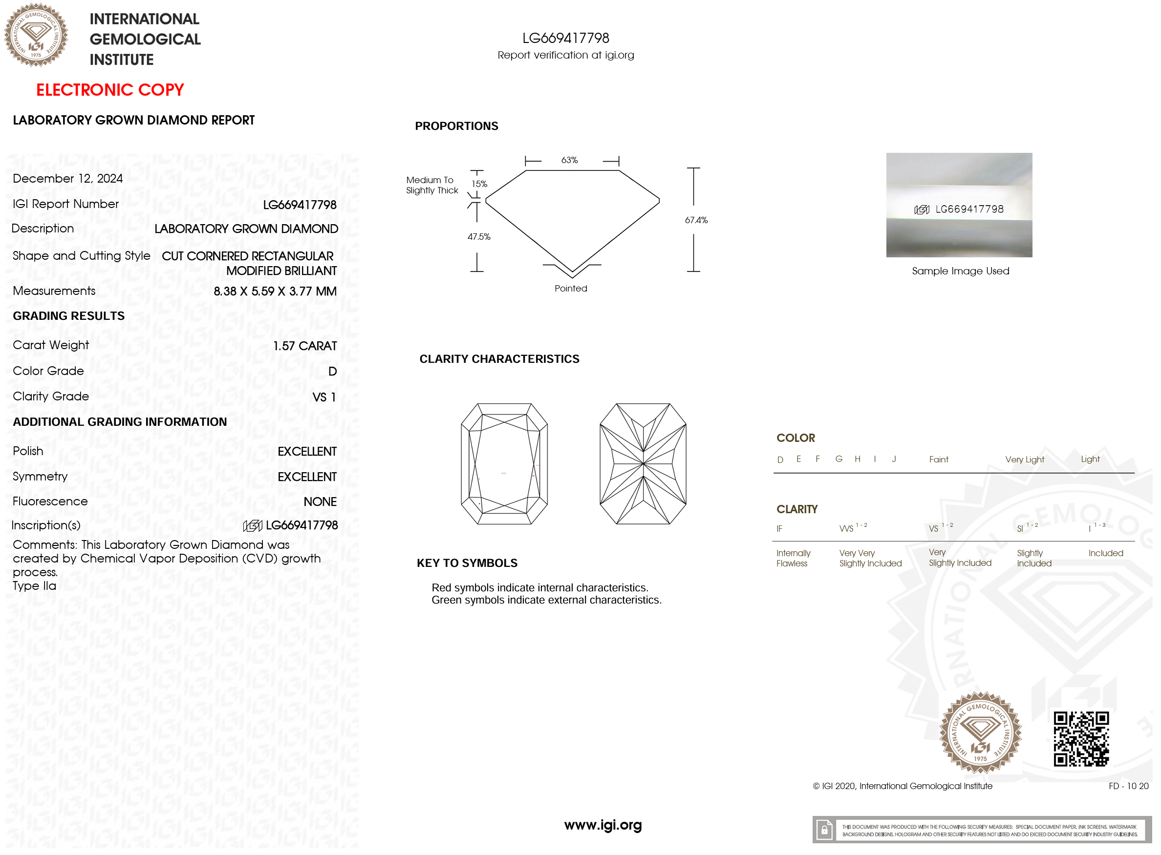 1.57 Carat D-VS1 Radiant Lab Grown Diamond - IGI (#120987)