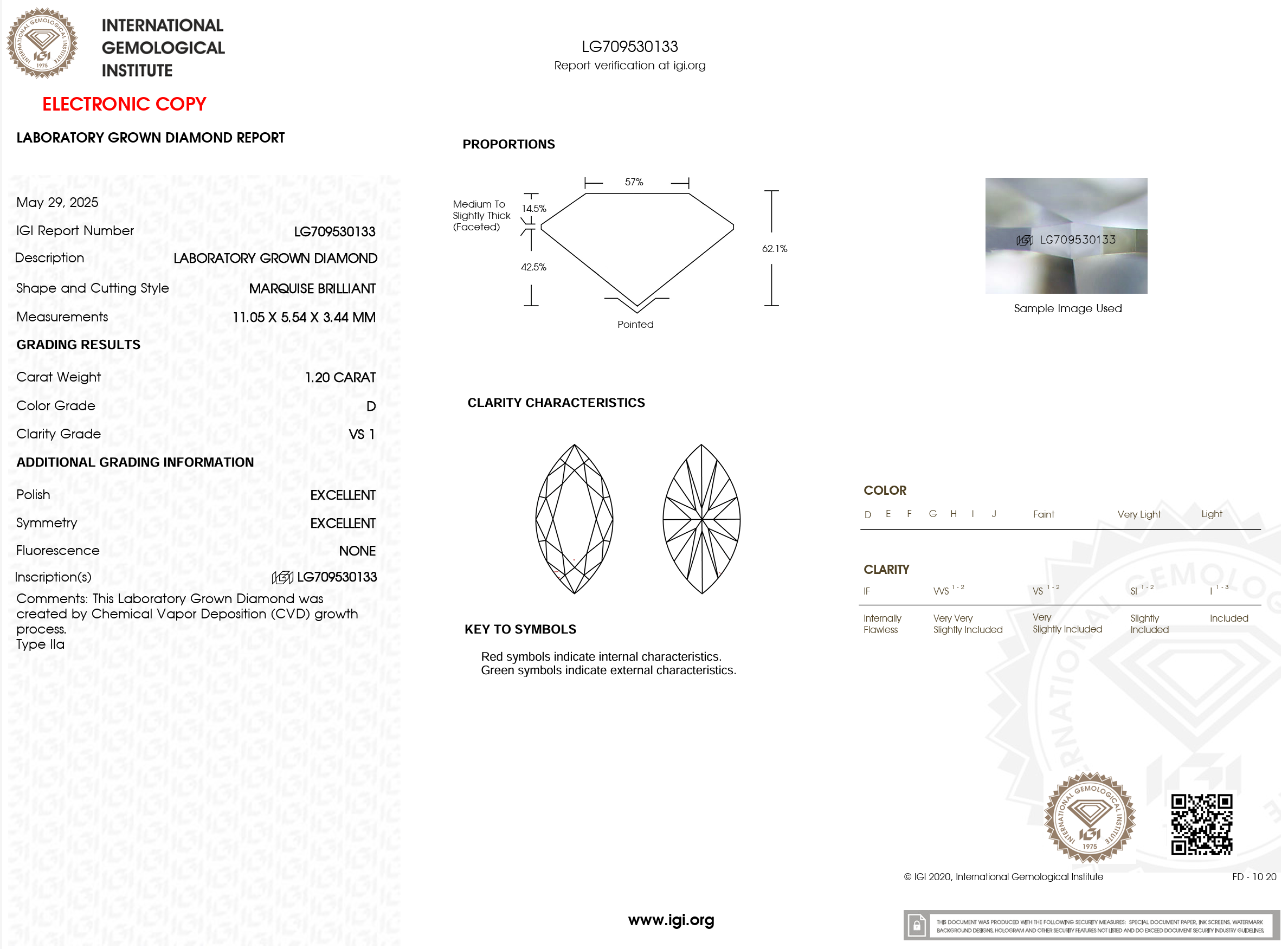 1.20 Carat D-VS1 Marquise Lab Grown Diamond - IGI (#120989)