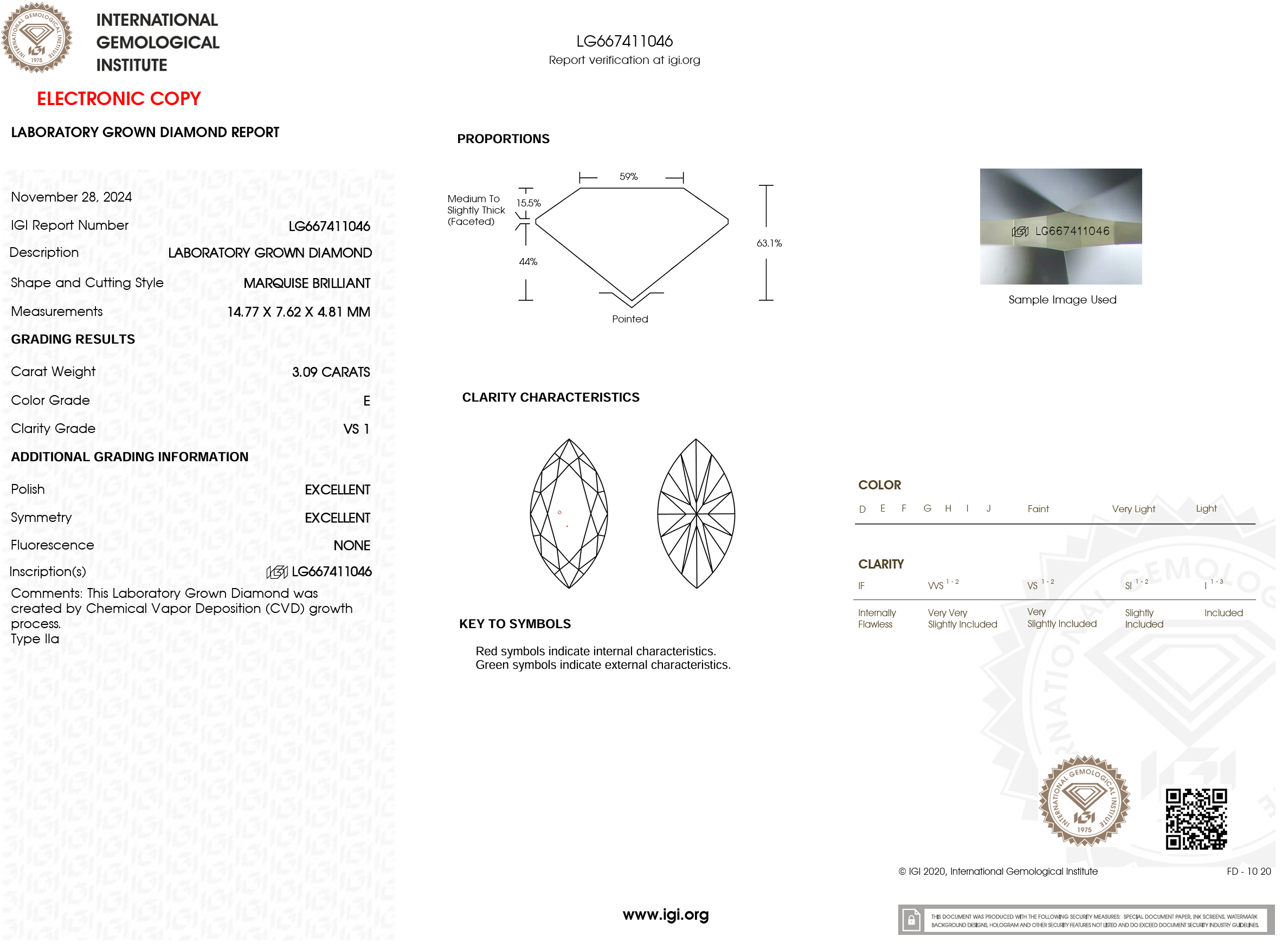 3.09 Carat E-VS1 Marquise Lab Grown Diamond - IGI (#120996)