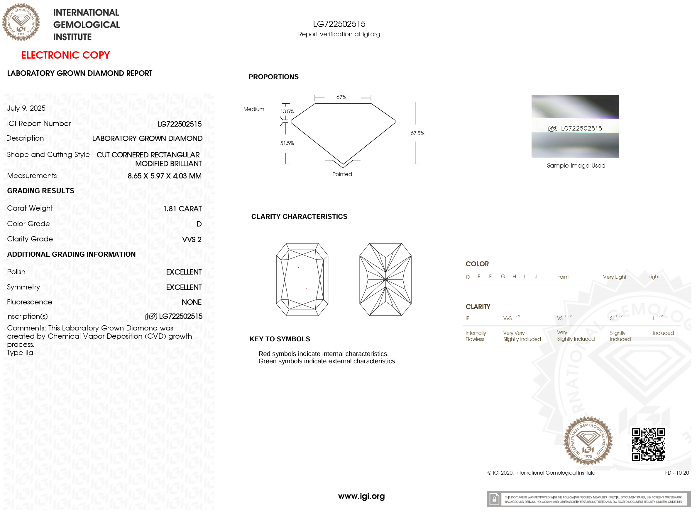 1.81 Carat D-VVS2 Radiant Lab Grown Diamond - IGI (#120999)