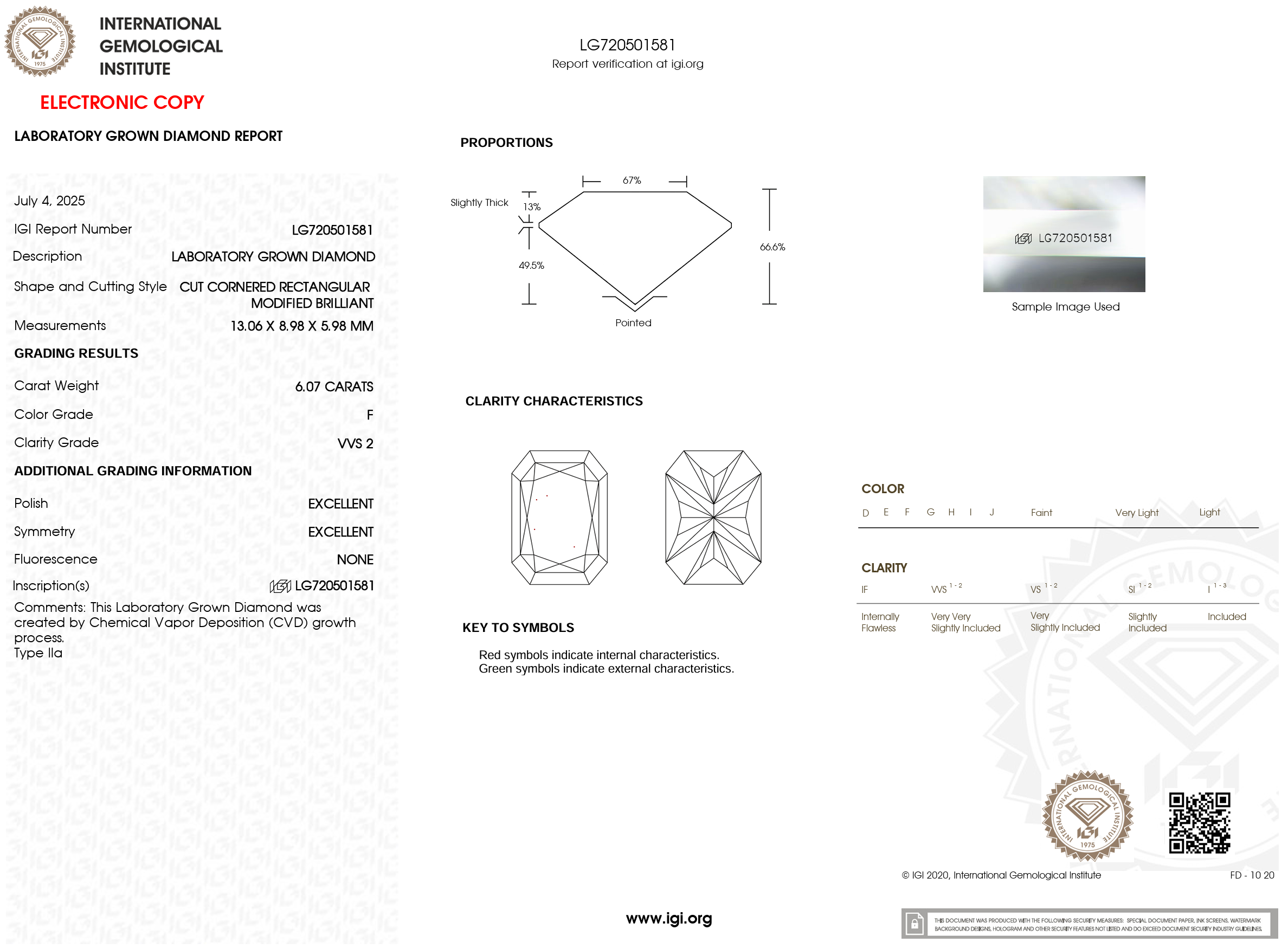 6.07 Carat F-VVS2 Radiant Lab Grown Diamond - IGI (#121001)