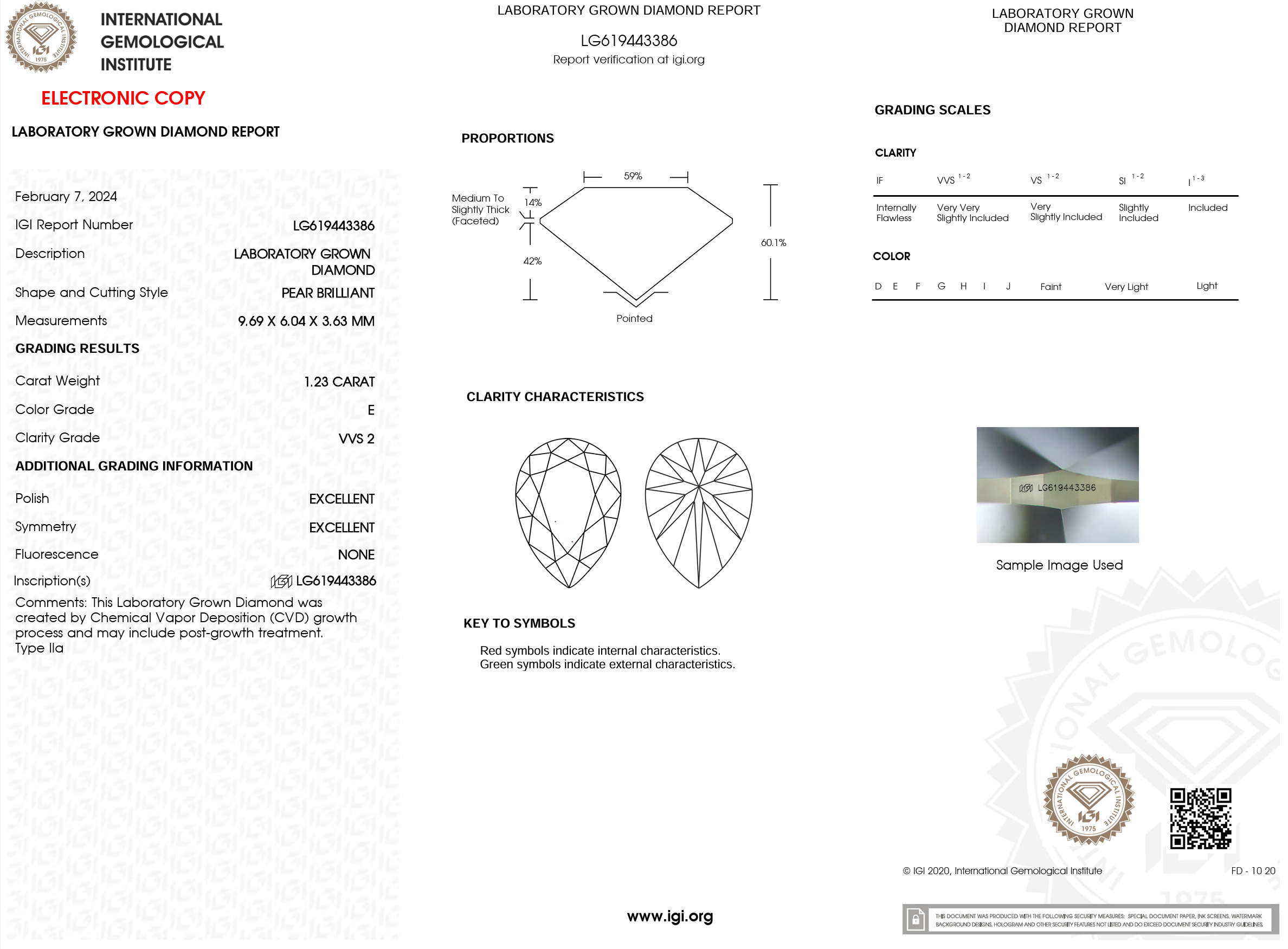 1.23 Carat E-VVS2 Pear Lab Grown Diamond - IGI (#121015)