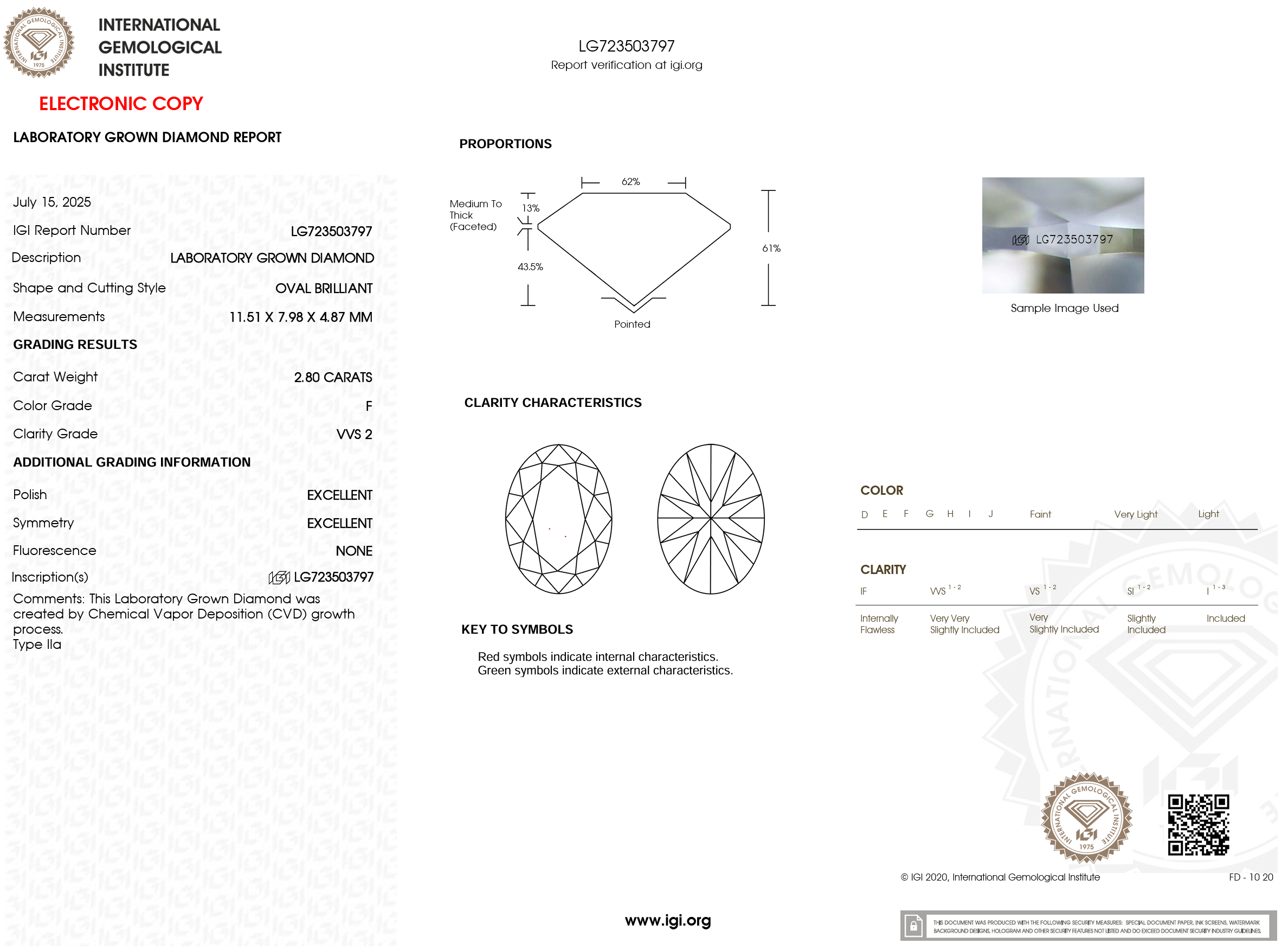 2.80 Carat F-VVS2 Oval Lab Grown Diamond - IGI (#121027)