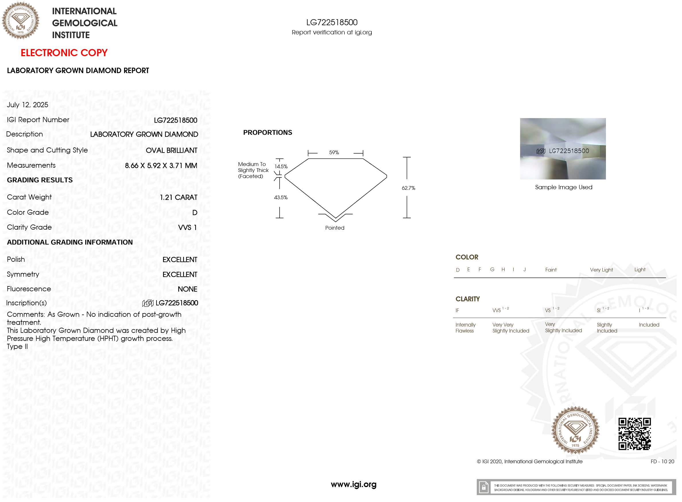 1.21 Carat D-VVS1 Oval Lab Grown Diamond - IGI (#121031)