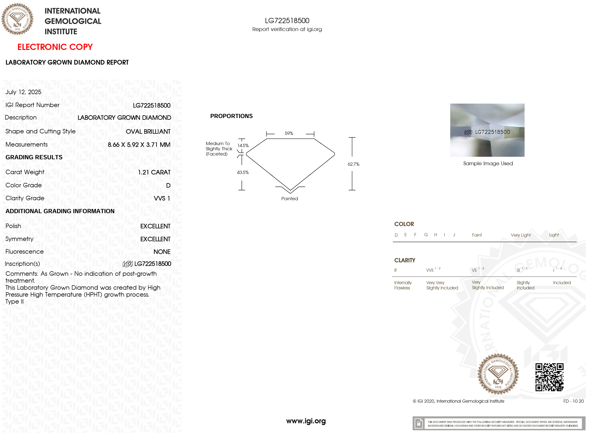 1.22 Carat D-VVS1 Oval Lab Grown Diamond - IGI (#121032)