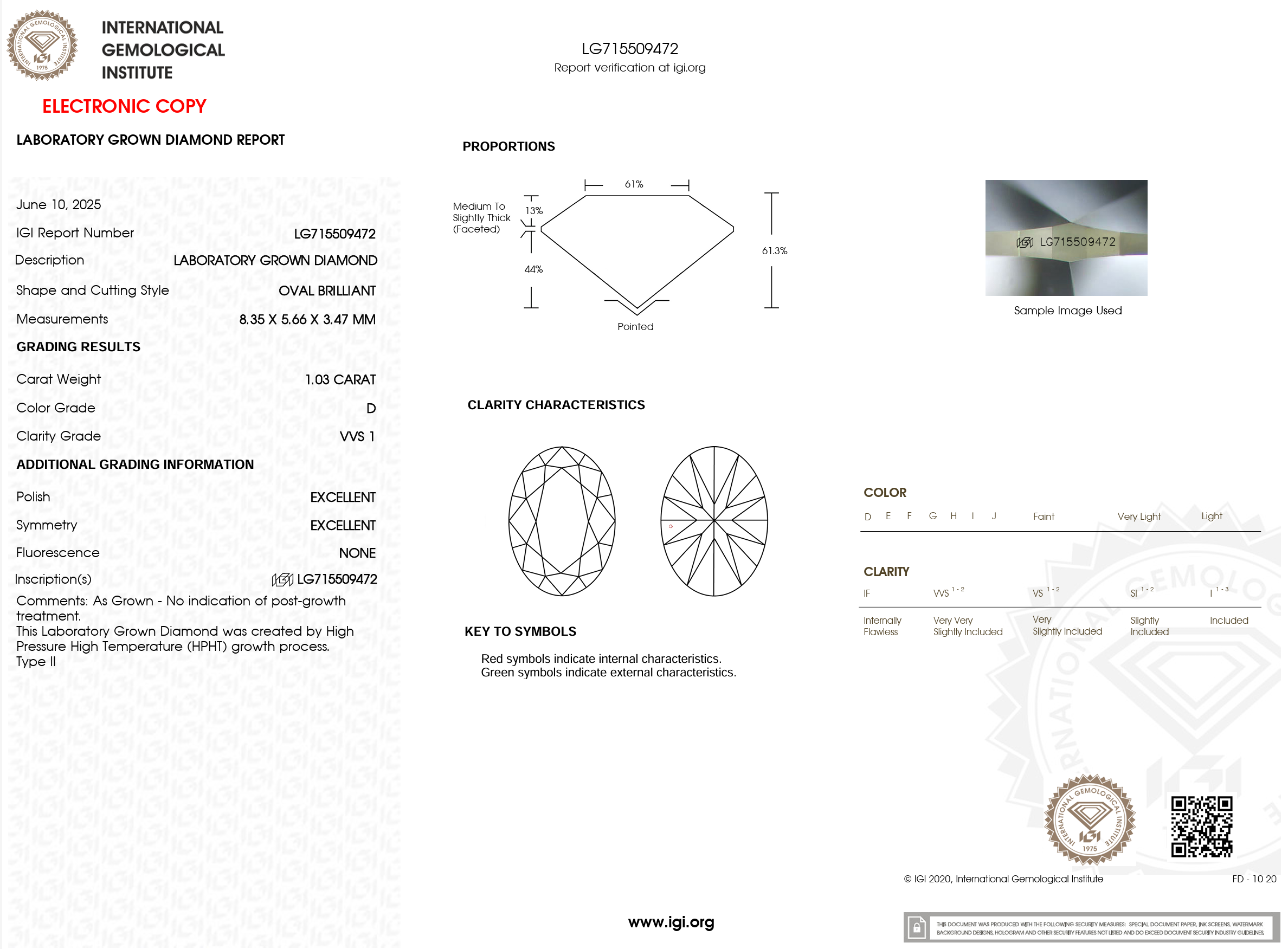 1.03 Carat D-VVS1 Oval Lab Grown Diamond - IGI (#121037)