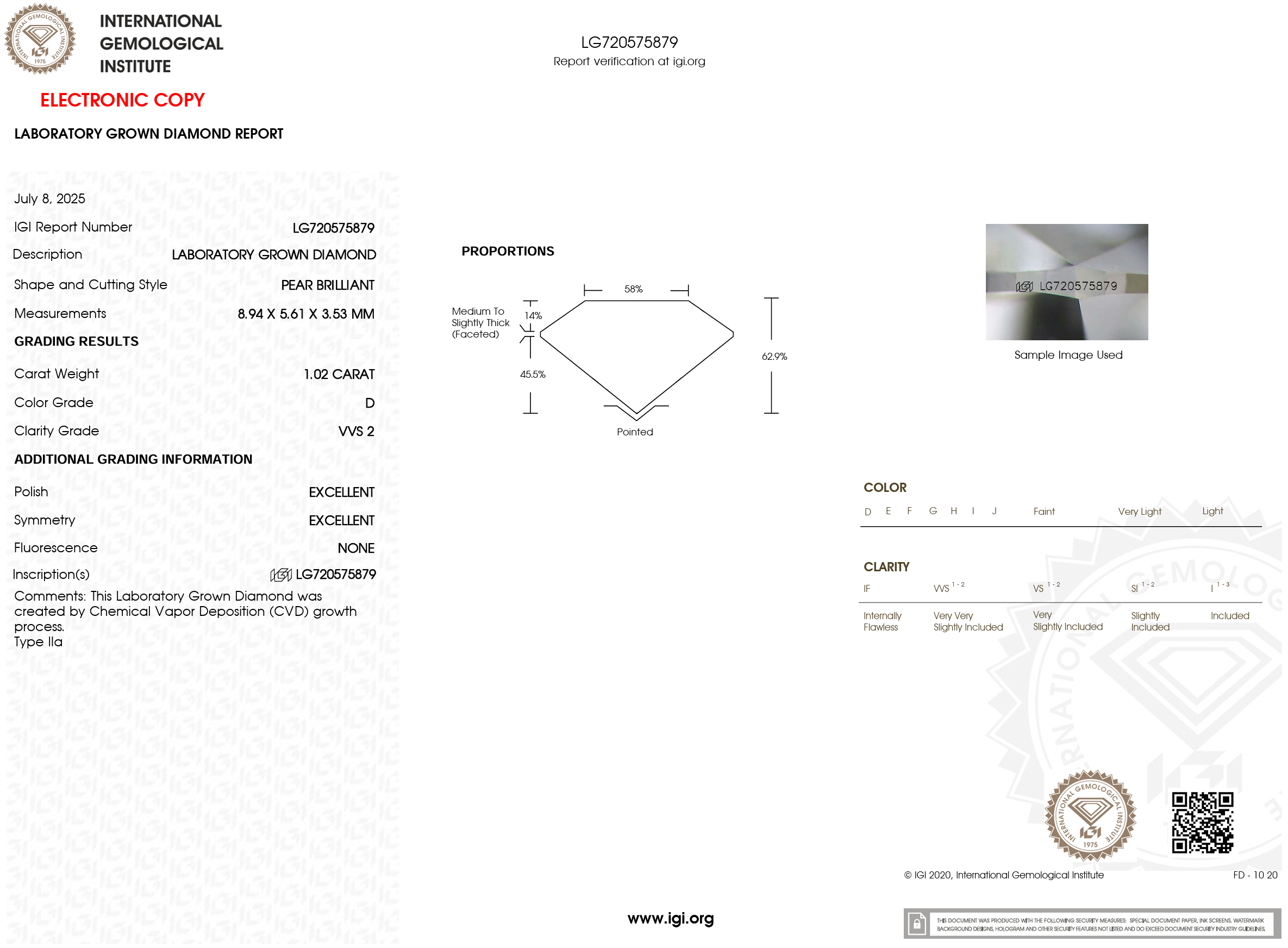 1.02 Carat D-VVS2 Pear Lab Grown Diamond - IGI (#121064)