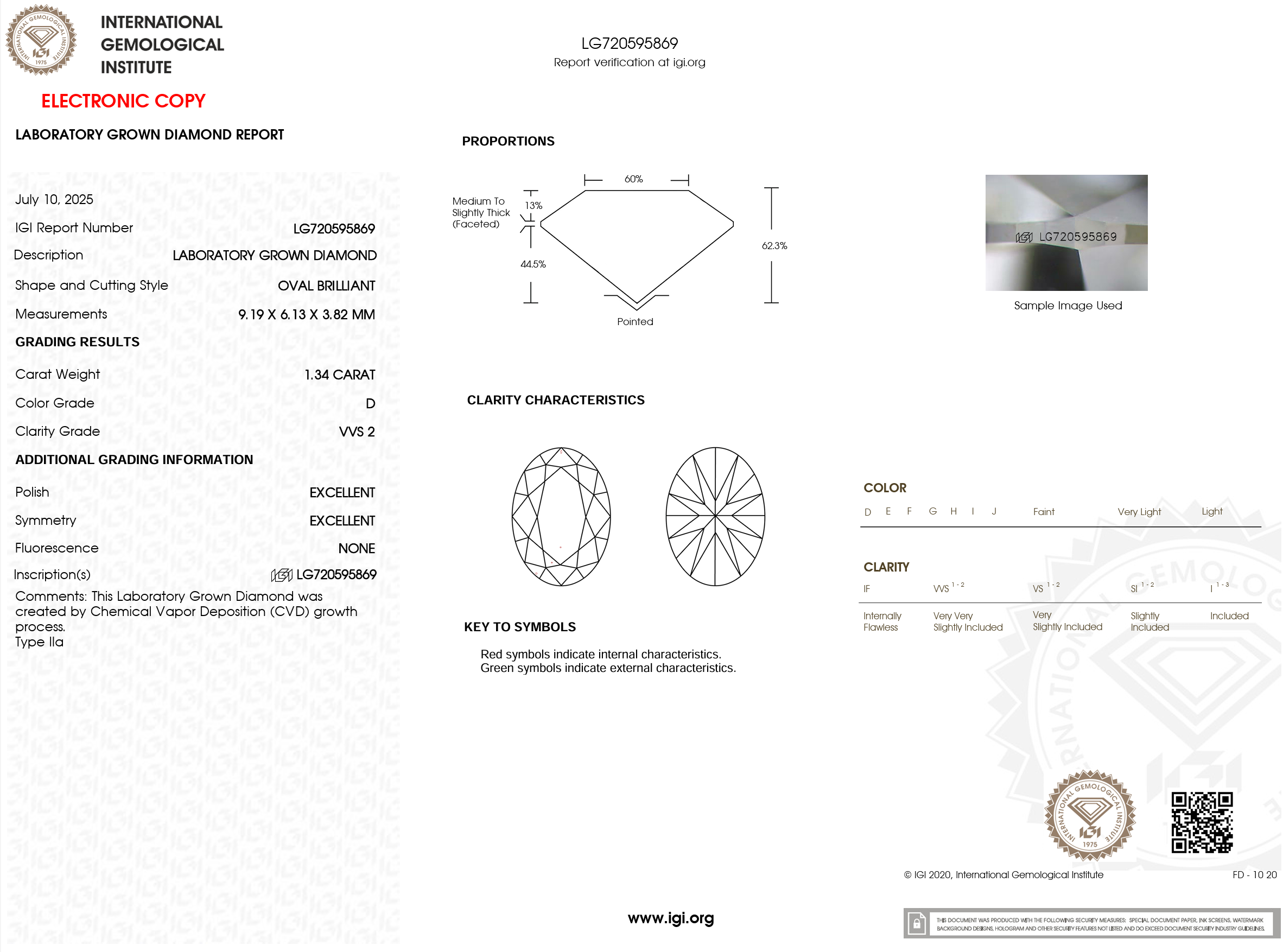 1.34 Carat D-VVS2 Oval Lab Grown Diamond - IGI (#121166)