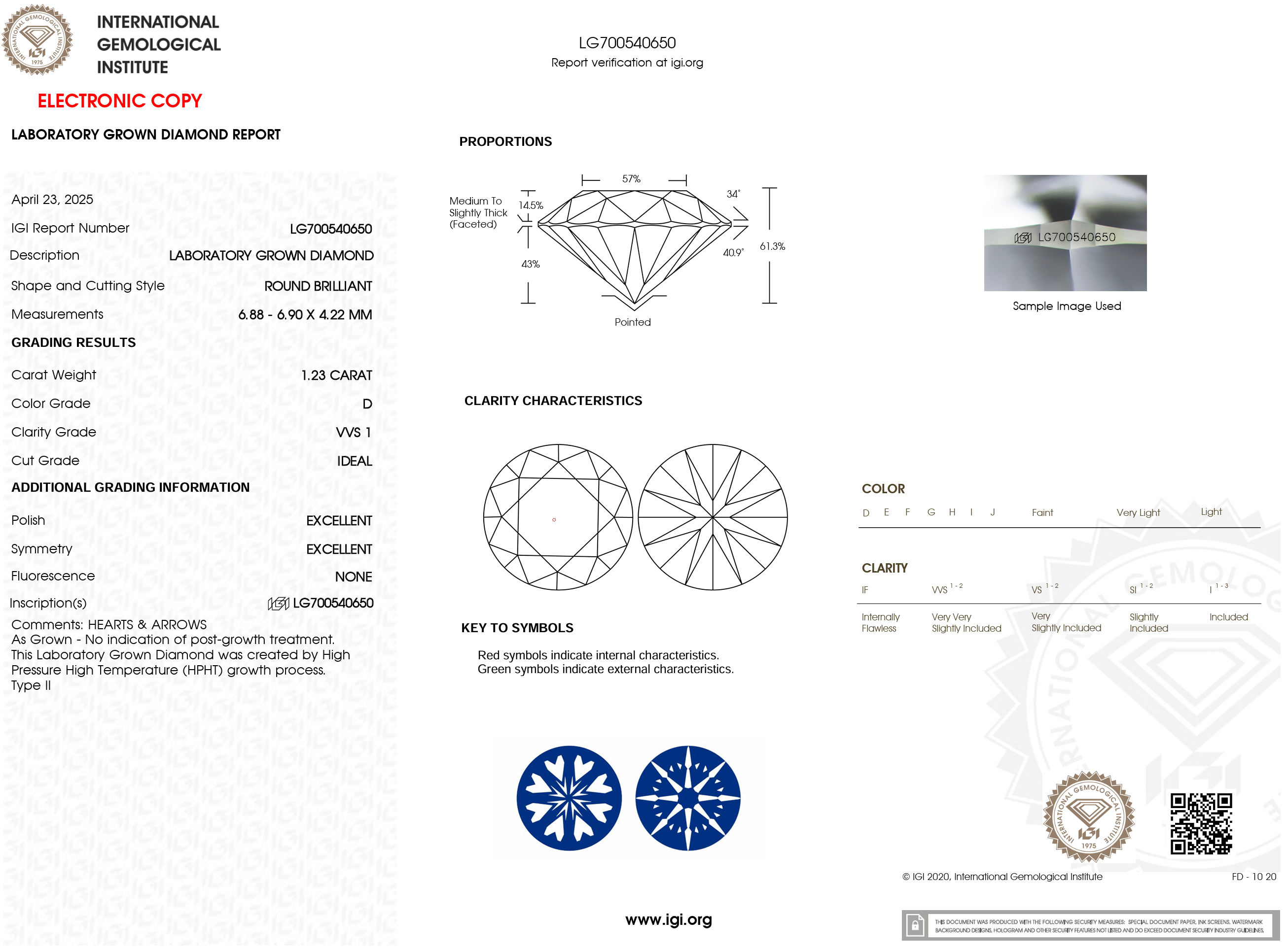 1.23 Carat D-VVS1 H&A Round Lab Grown Diamond - IGI (#121299)