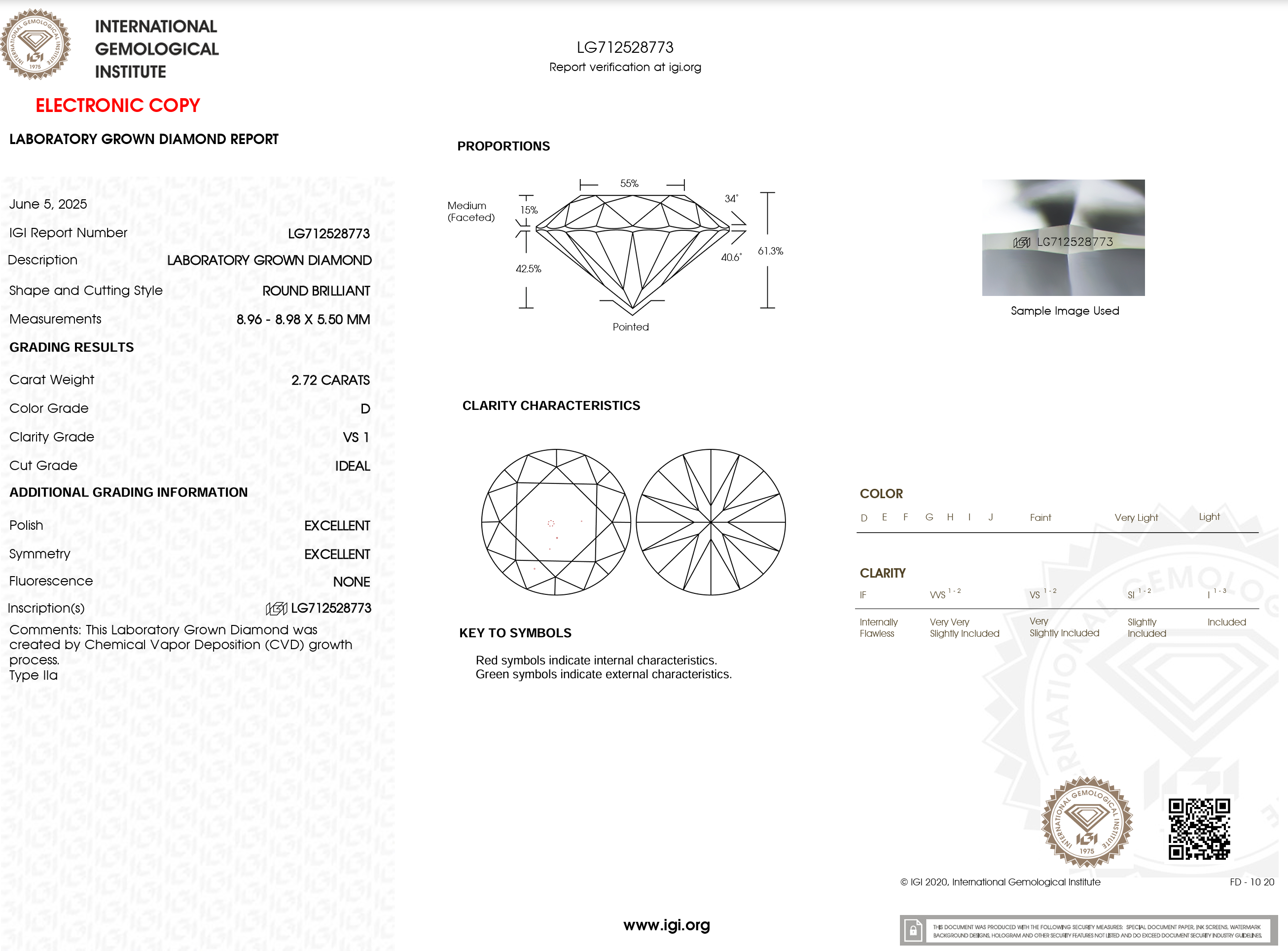 2.72 Carat D-VS1 Round Lab Grown Diamond - IGI (#121318)