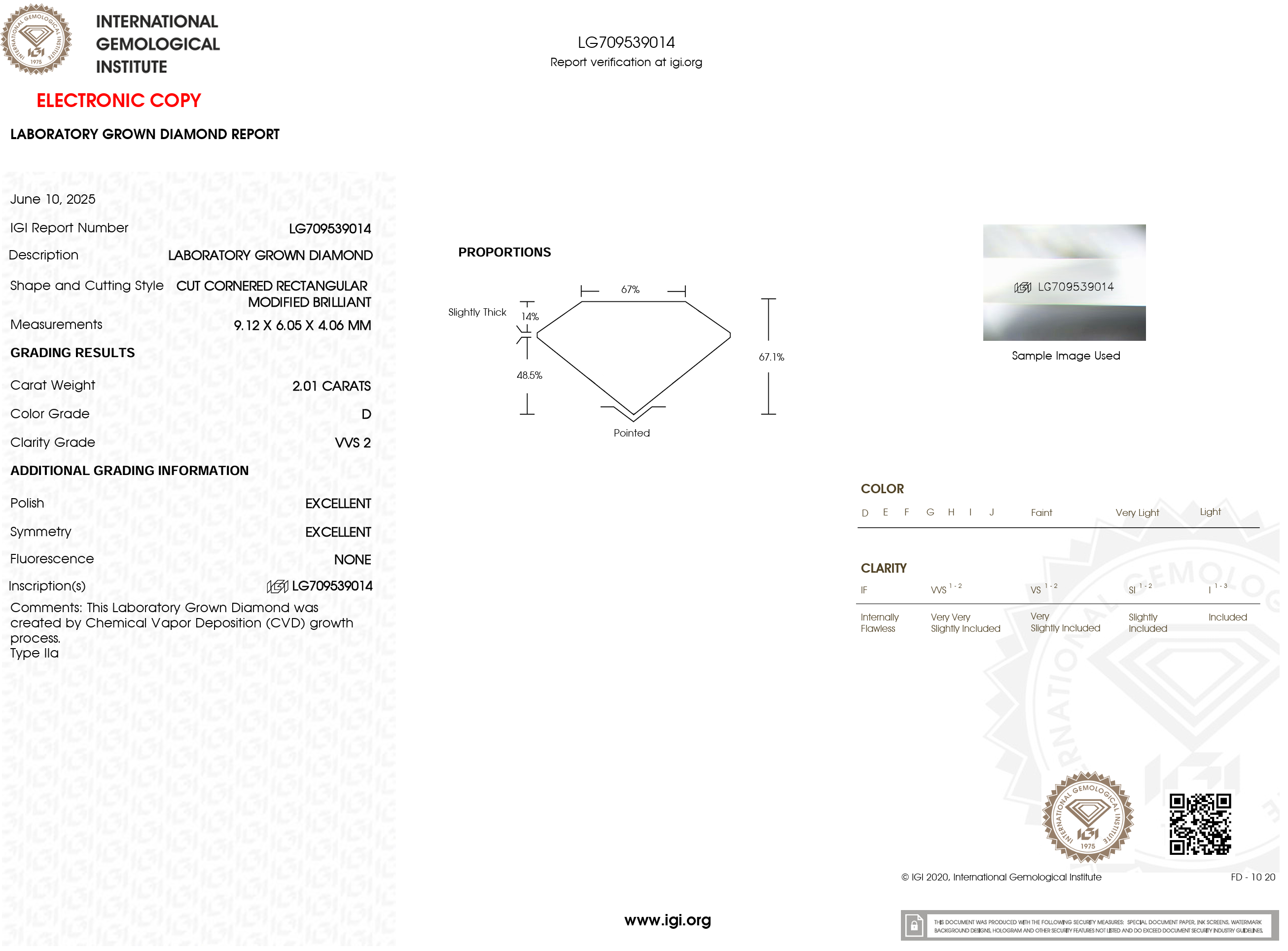 2.01 Carat D-VVS2 Radiant Lab Grown Diamond - IGI (#121328)