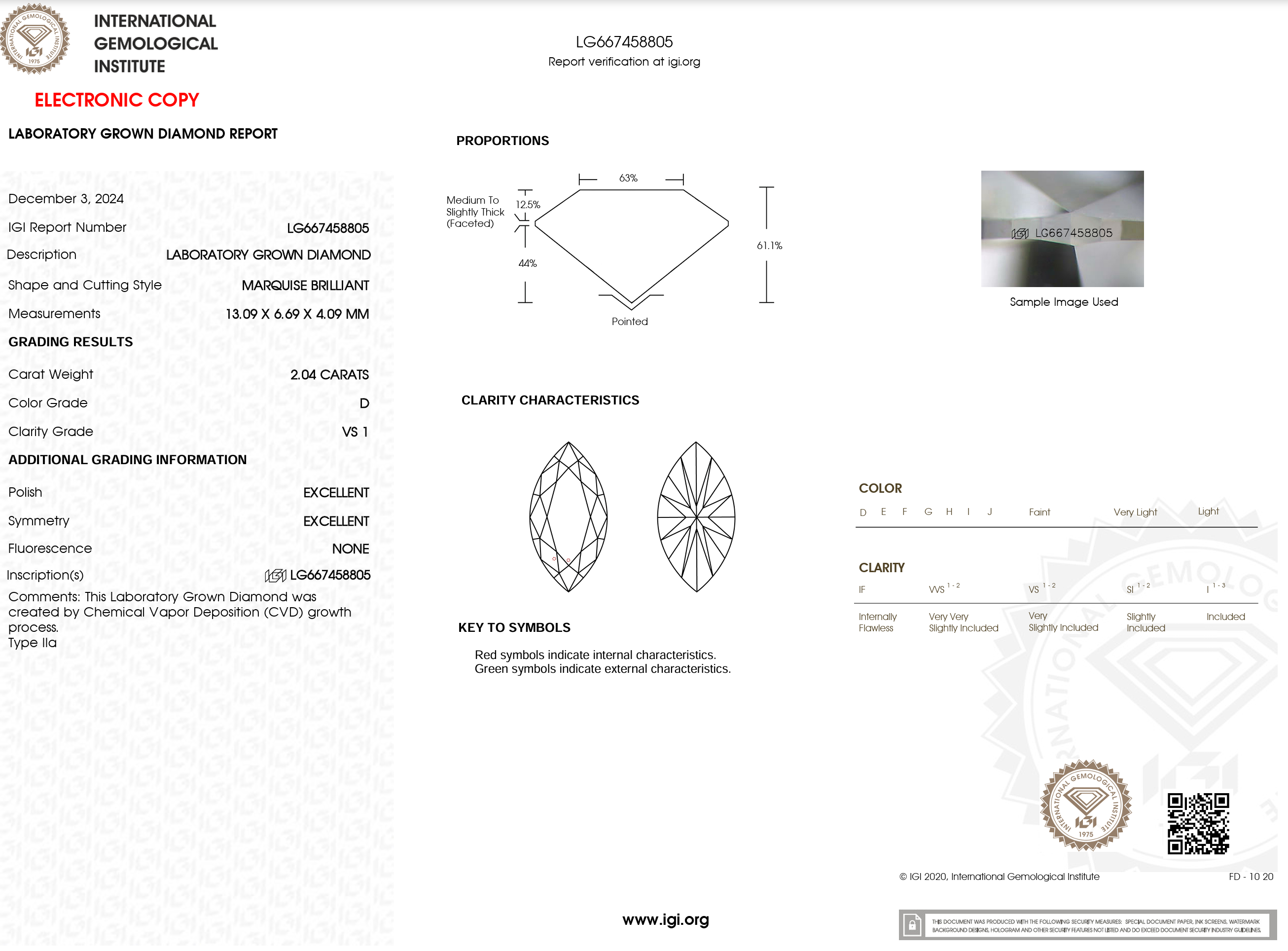 2.04 Carat D-VS1 Marquise Lab Grown Diamond - IGI (#121339)