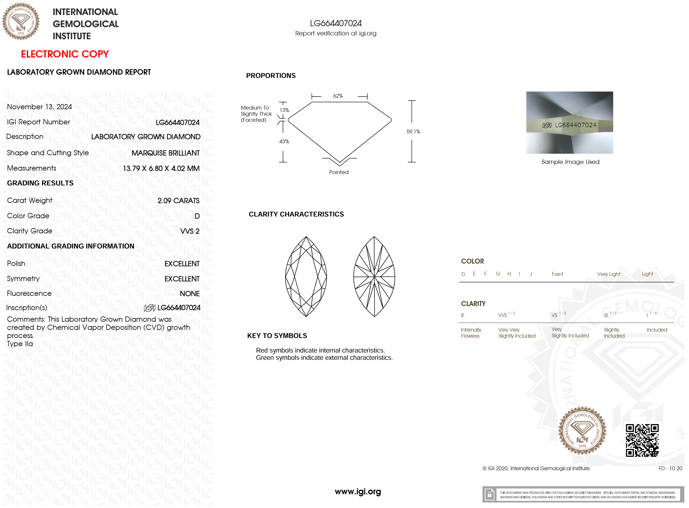 2.09 Carat D-VVS2 Marquise Lab Grown Diamond - IGI (#121408)