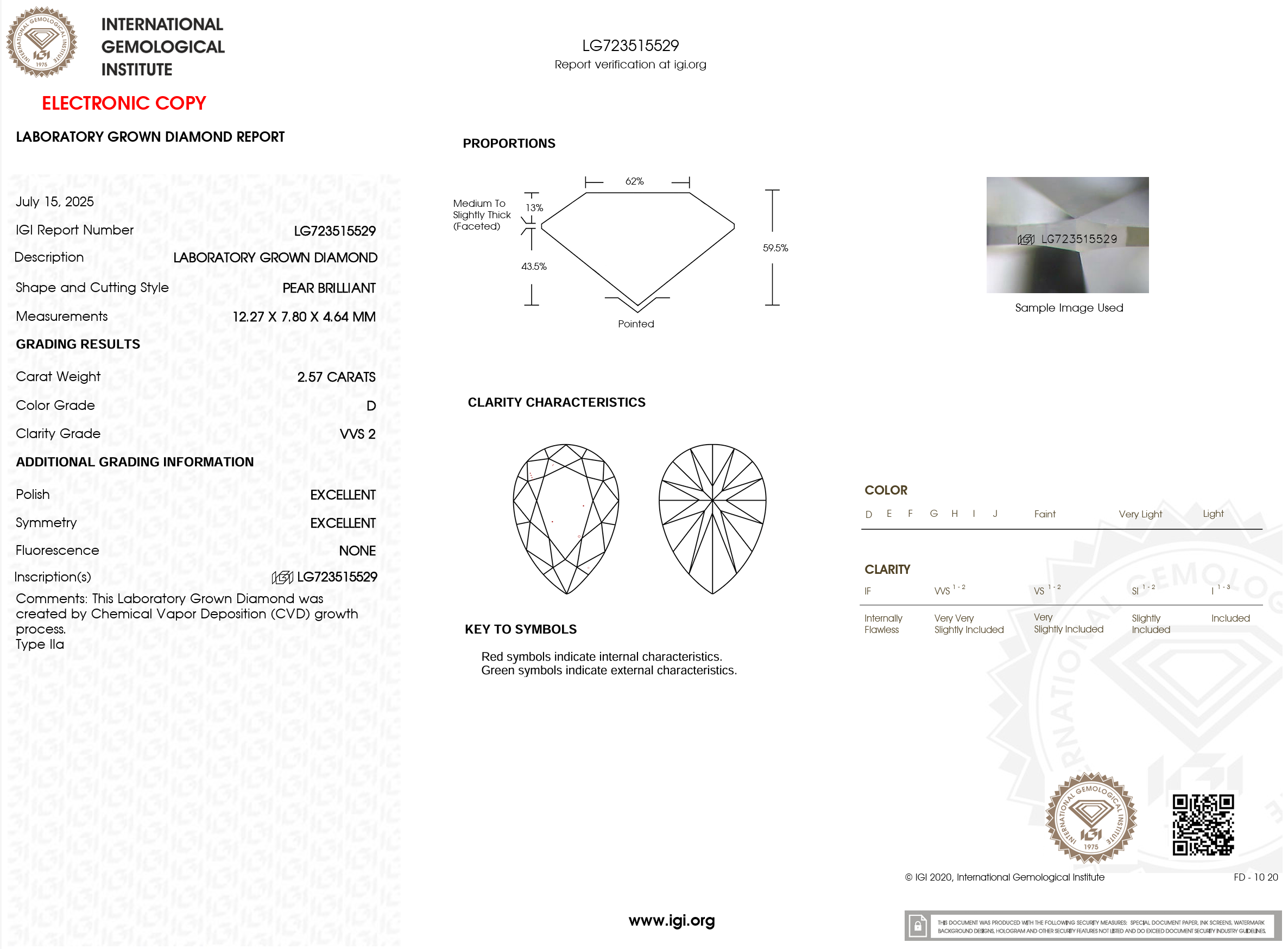 2.57 Carat D-VVS2 Pear Lab Grown Diamond - IGI (#121428)