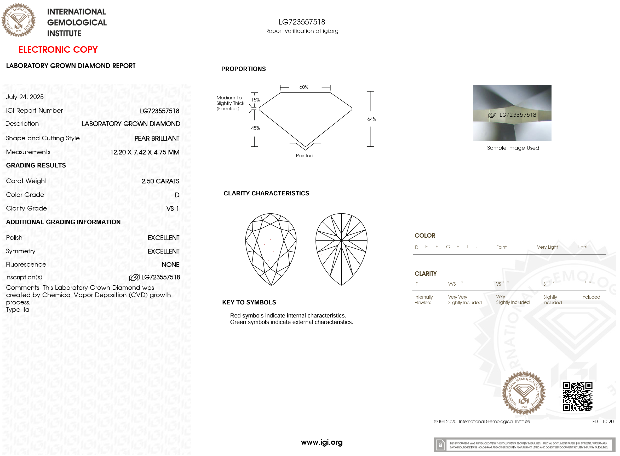 2.50 Carat D-VS1 Pear Lab Grown Diamond - IGI (#121433)