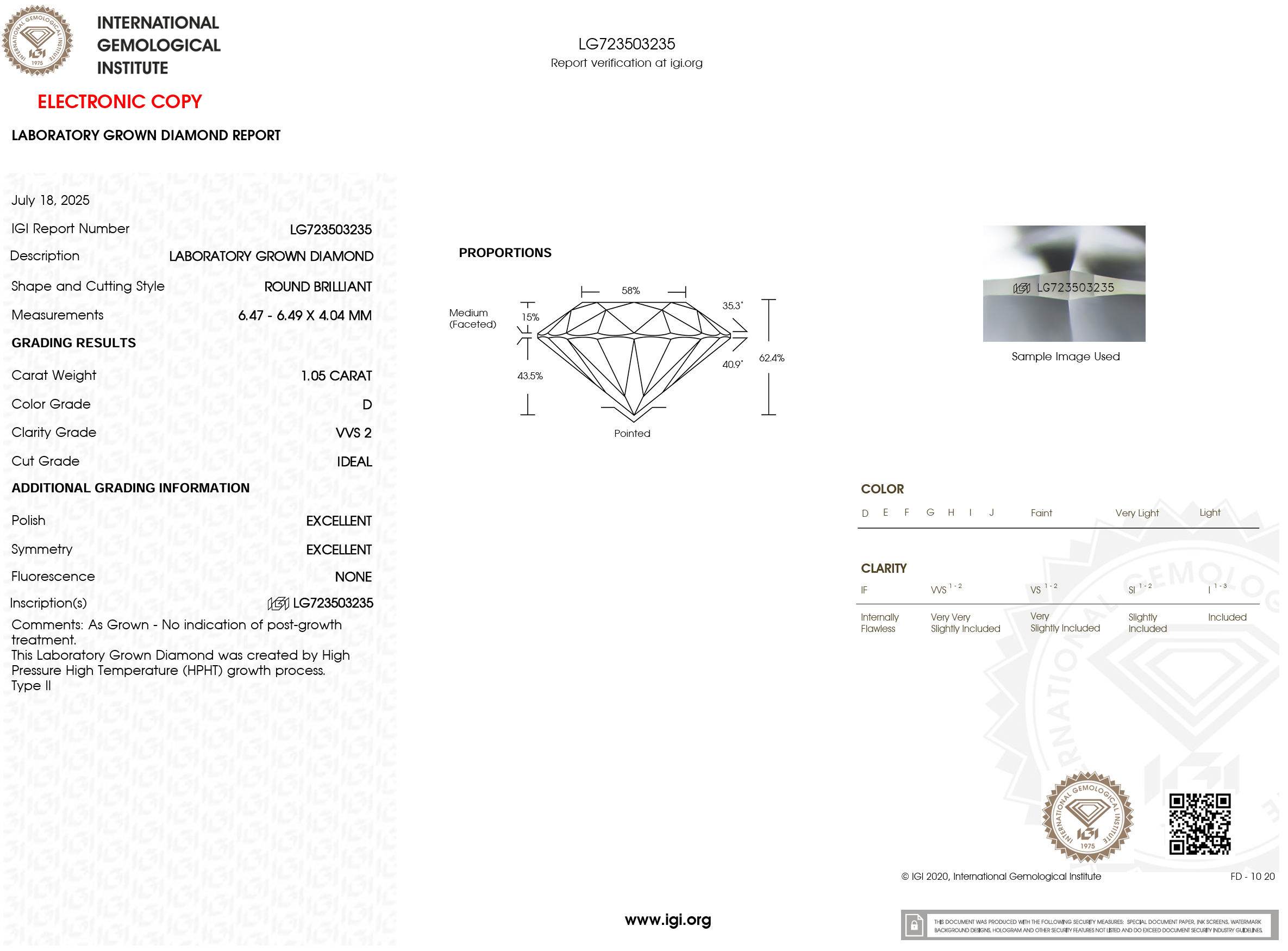 1.05 Carat D-VVS2 Round Lab Grown Diamond - IGI (#121521)