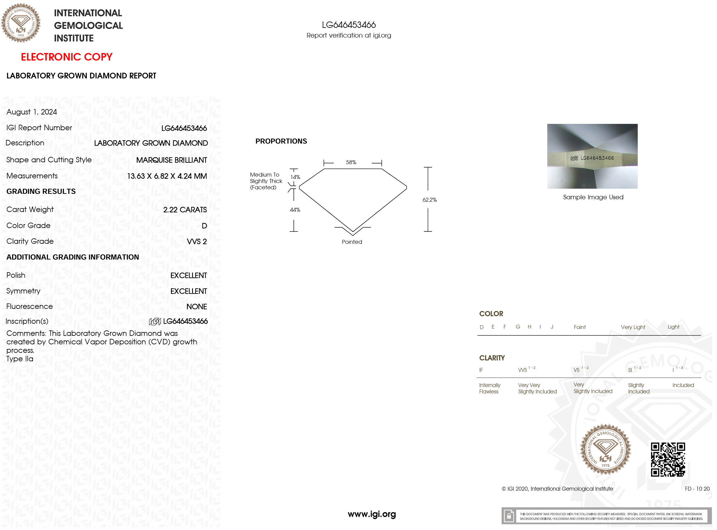 2.22 Carat D-VVS2 Marquise Lab Grown Diamond - IGI (#121465)