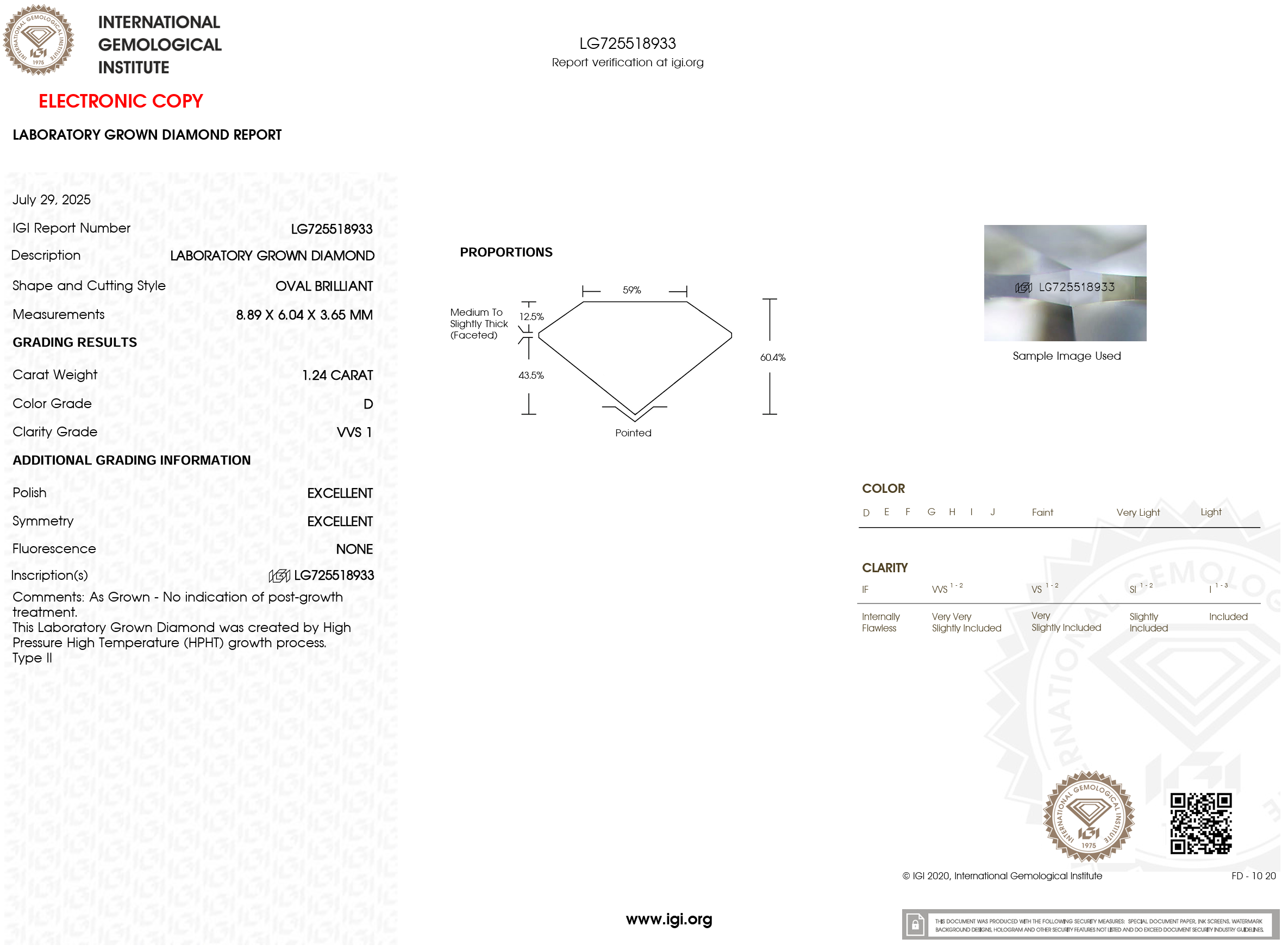 1.24 Carat D-VVS1 Oval Lab Grown Diamond - IGI (#121506)