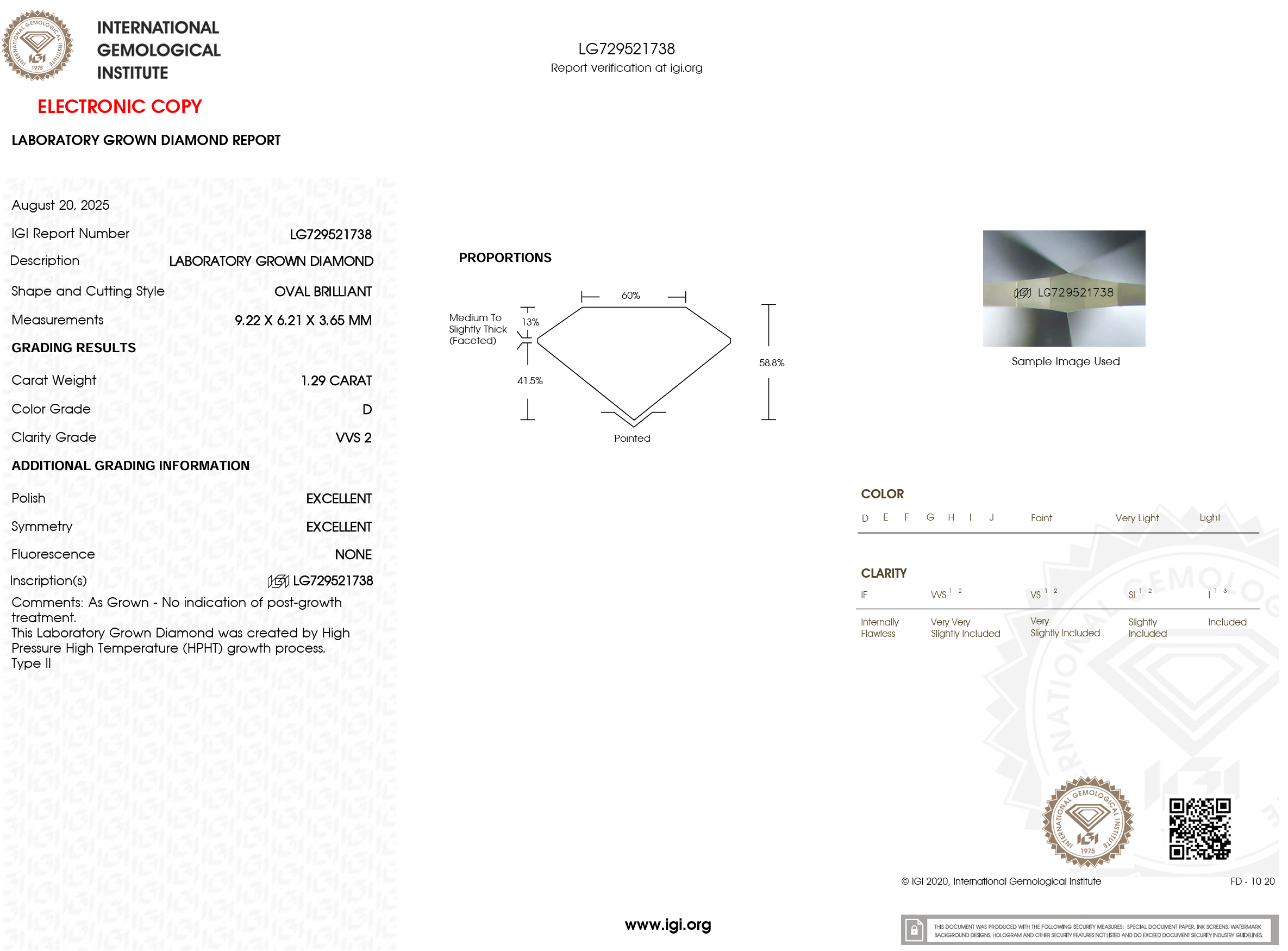 1.29 Carat D-VVS2 Oval Lab Grown Diamond - IGI (#121511)