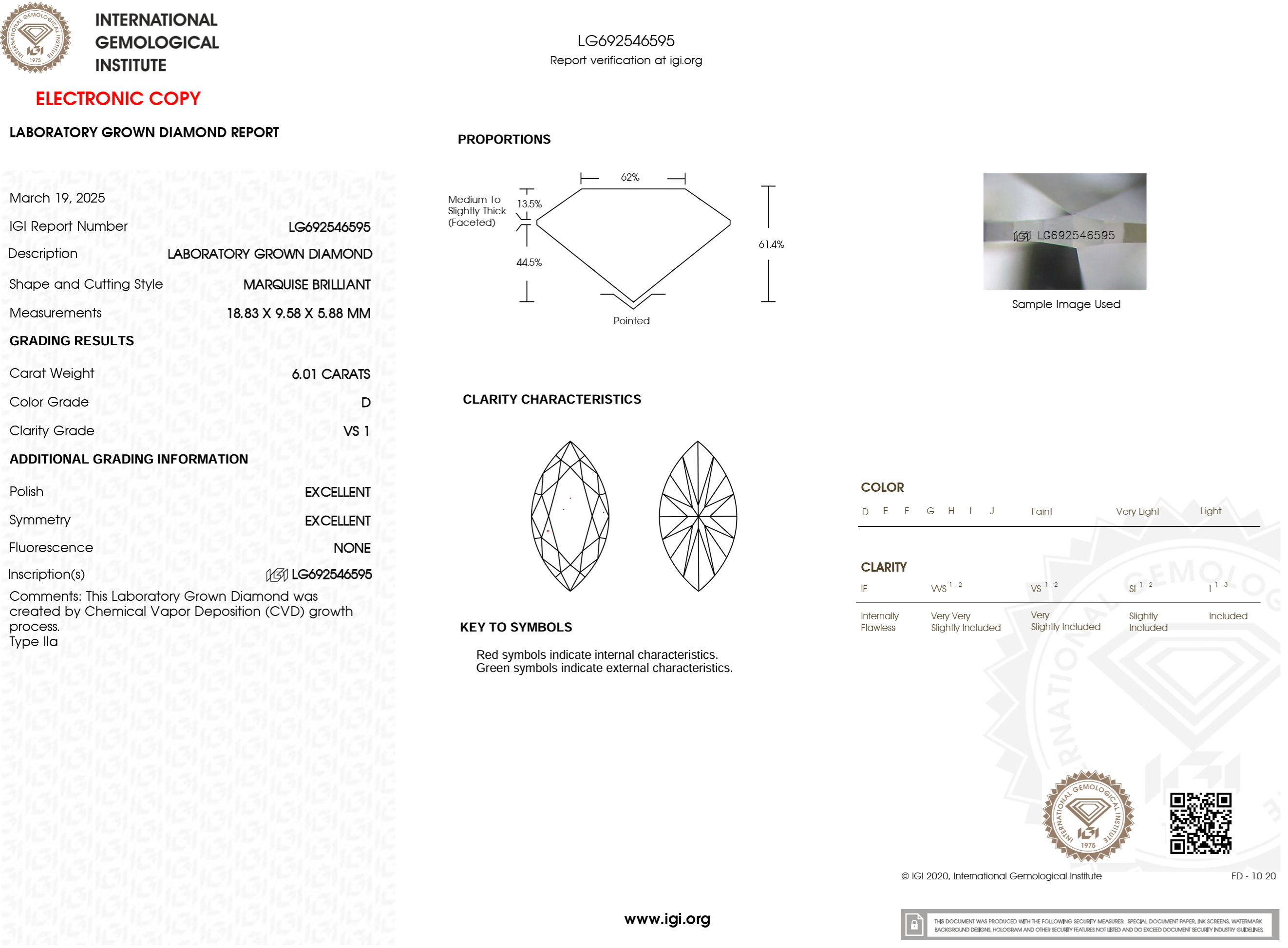 6.01 Carat D-VS1 Marquise Lab Grown Diamond - IGI (#121538)