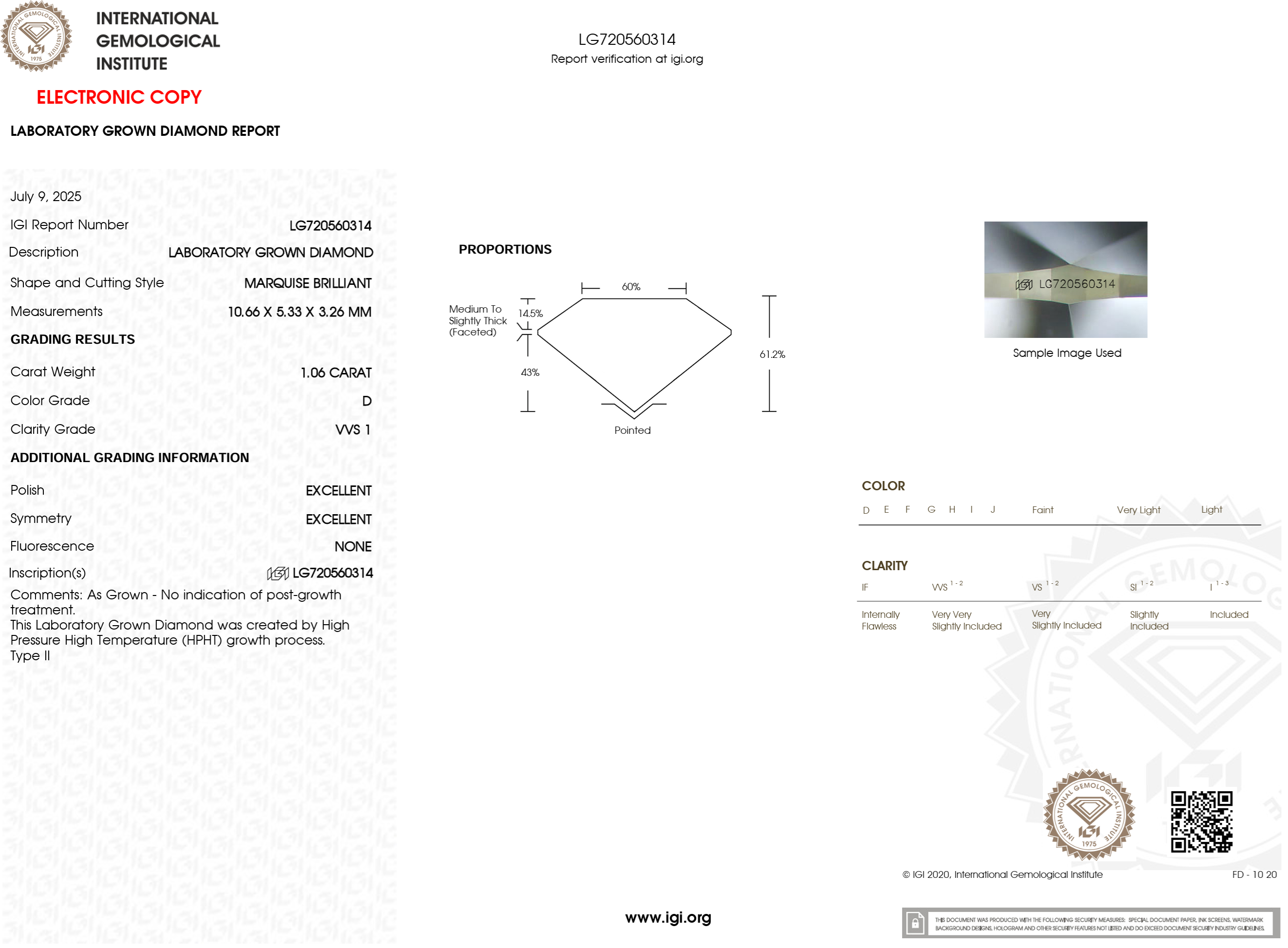 1.06 Carat D-VVS1 Marquise Lab Grown Diamond - IGI (#121594)