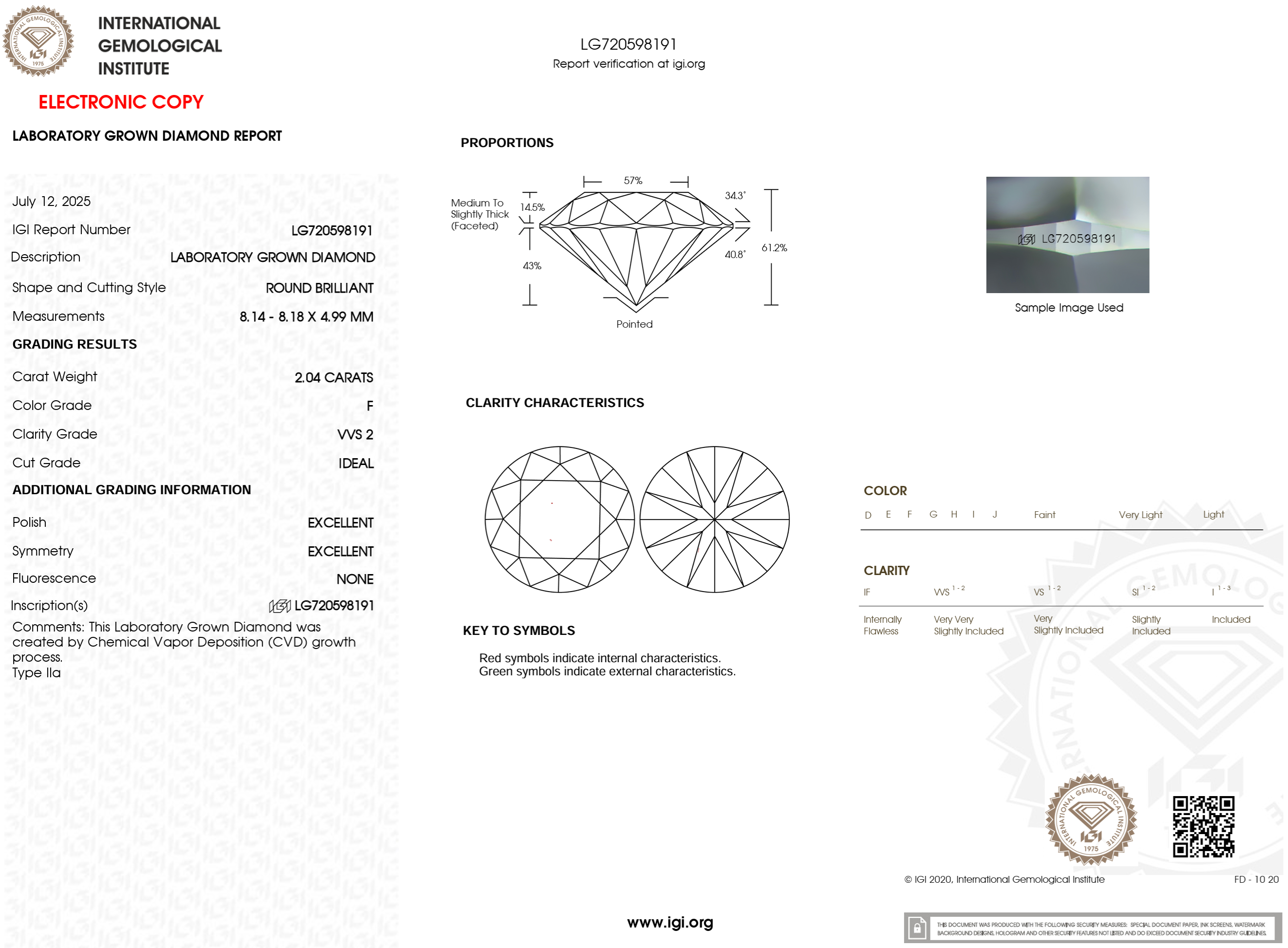 2.04 Carat F-VVS2 Round Lab Grown Diamond - IGI (#121638)