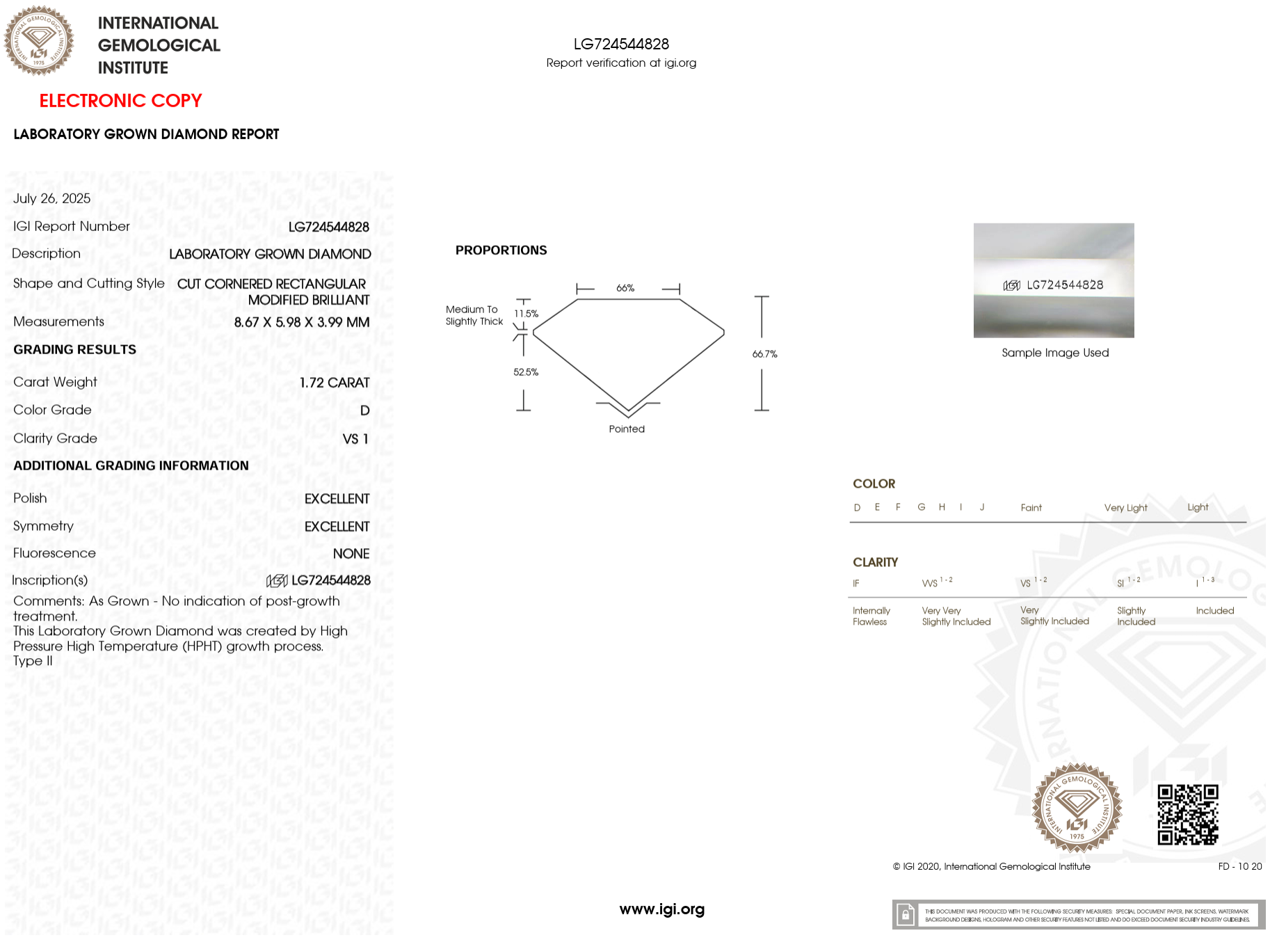 1.72 Carat D-VS1 Radiant Lab Grown Diamond - IGI (#121799)